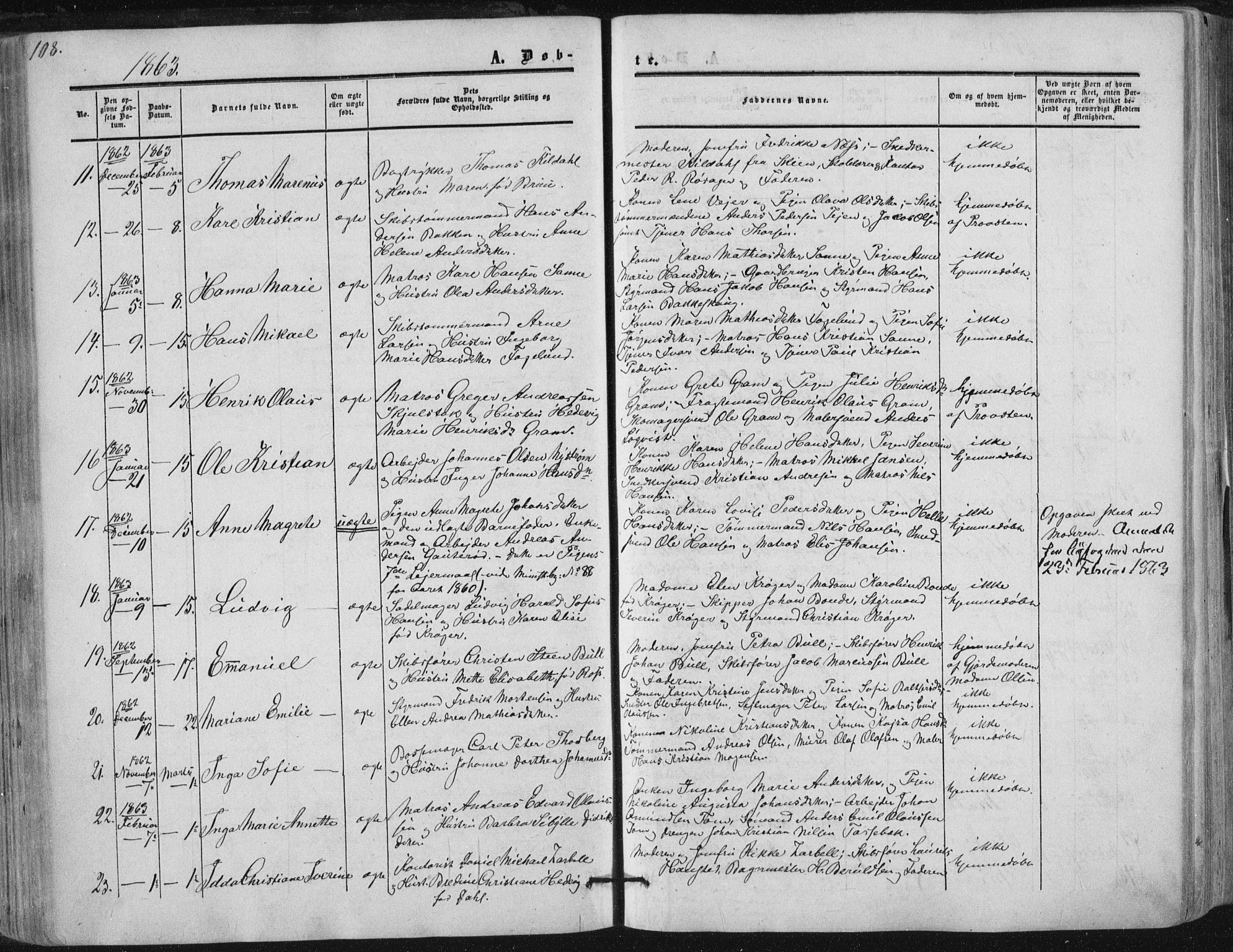 Tønsberg kirkebøker, AV/SAKO-A-330/F/Fa/L0008: Parish register (official) no. I 8, 1855-1864, p. 108