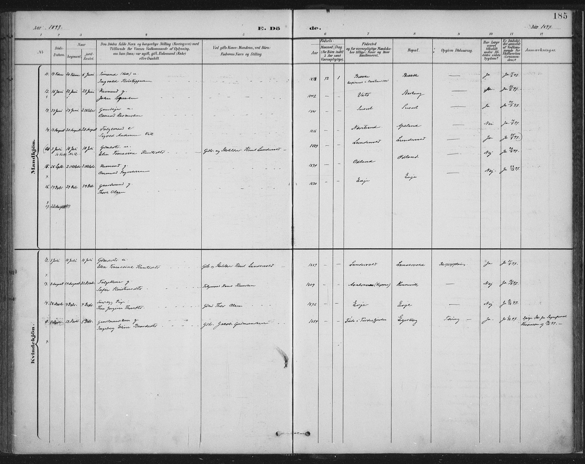 Tysvær sokneprestkontor, SAST/A -101864/H/Ha/Haa/L0008: Parish register (official) no. A 8, 1897-1918, p. 185