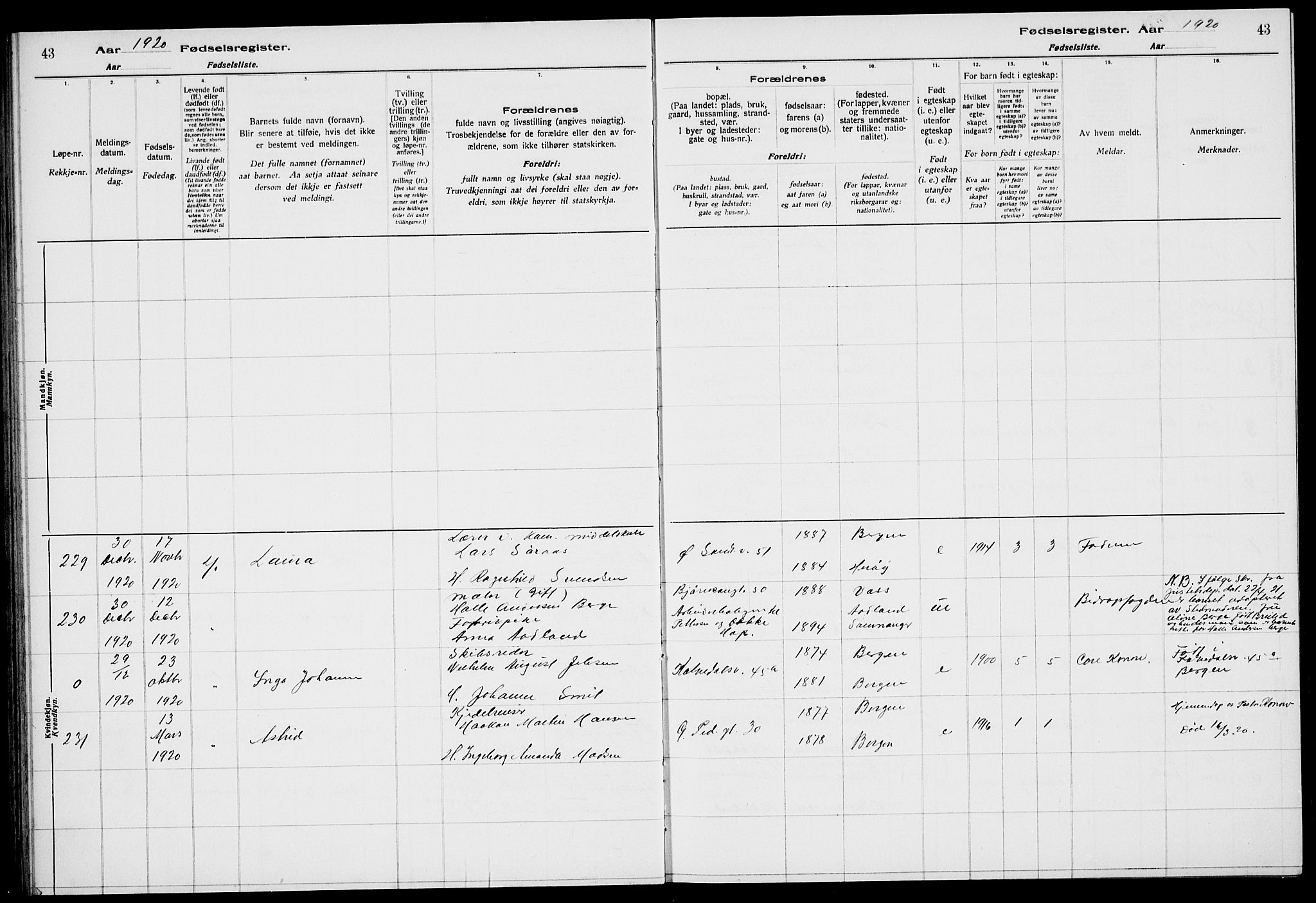 Sandviken Sokneprestembete, AV/SAB-A-77601/I/Ib/L00A2: Birth register no. A 2, 1920-1923, p. 43