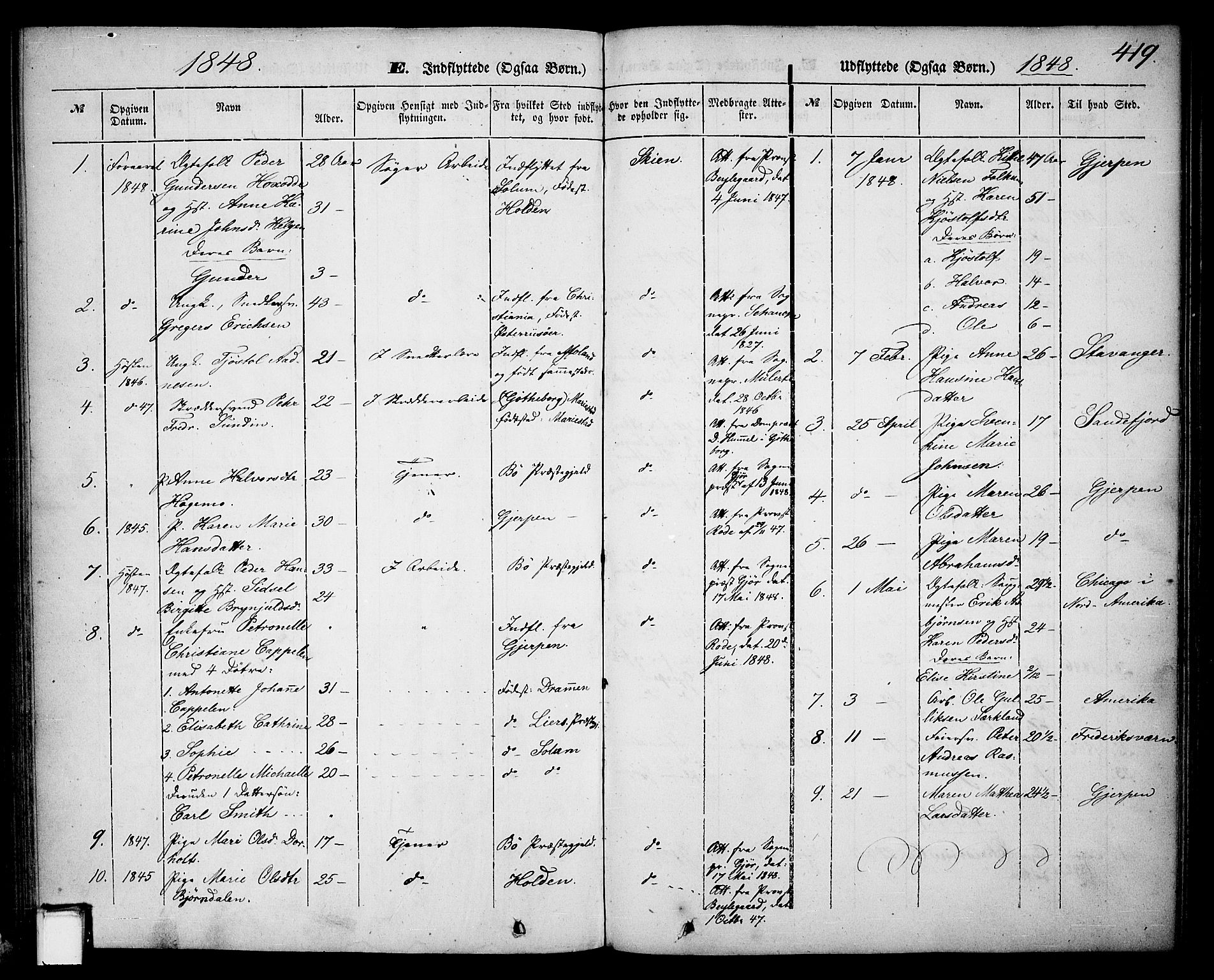 Skien kirkebøker, SAKO/A-302/G/Ga/L0004: Parish register (copy) no. 4, 1843-1867, p. 419