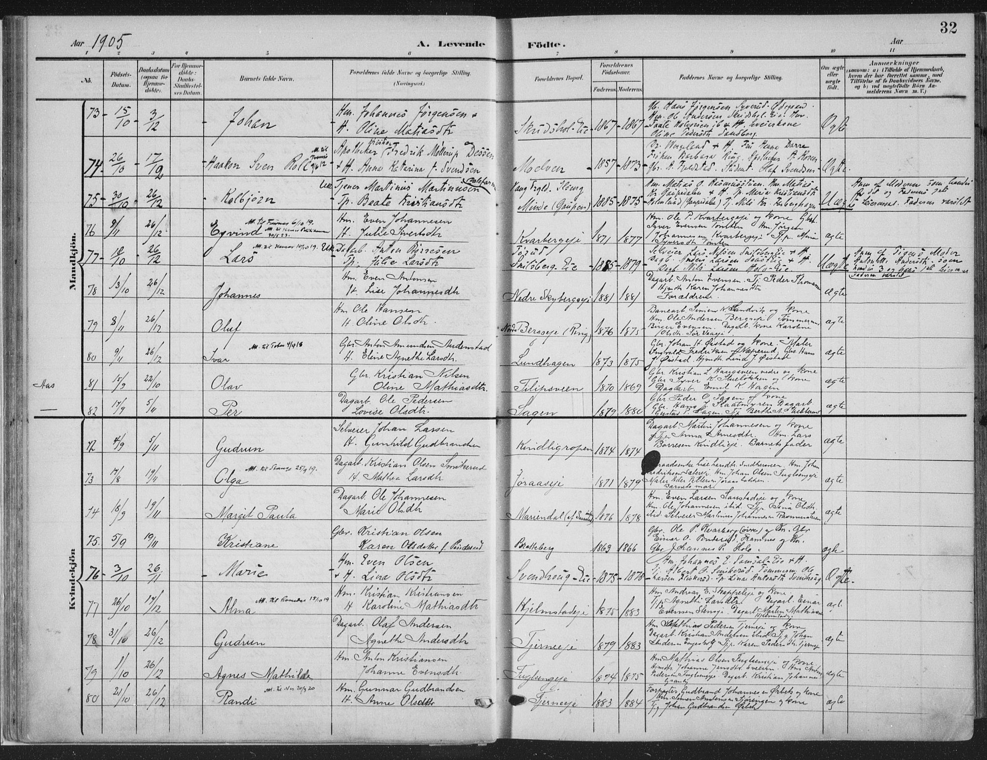 Ringsaker prestekontor, SAH/PREST-014/K/Ka/L0018: Parish register (official) no. 18, 1903-1912, p. 32