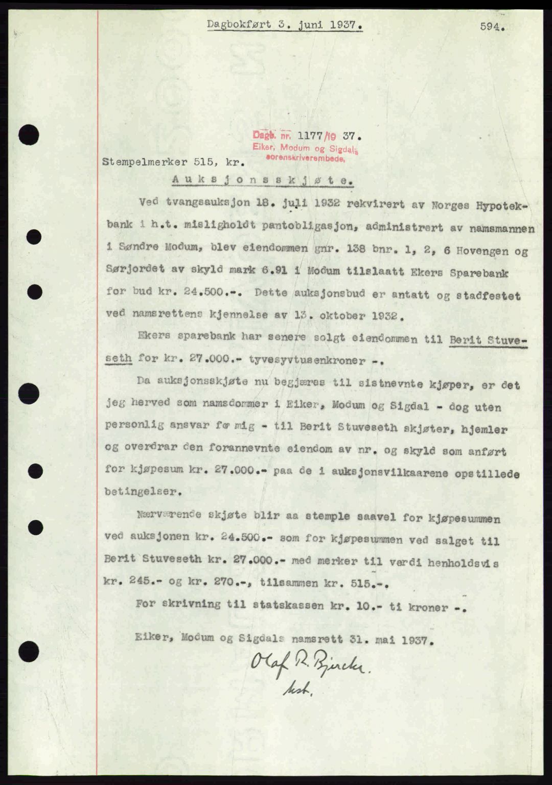 Eiker, Modum og Sigdal sorenskriveri, SAKO/A-123/G/Ga/Gab/L0035: Mortgage book no. A5, 1937-1937, Diary no: : 1177/1937