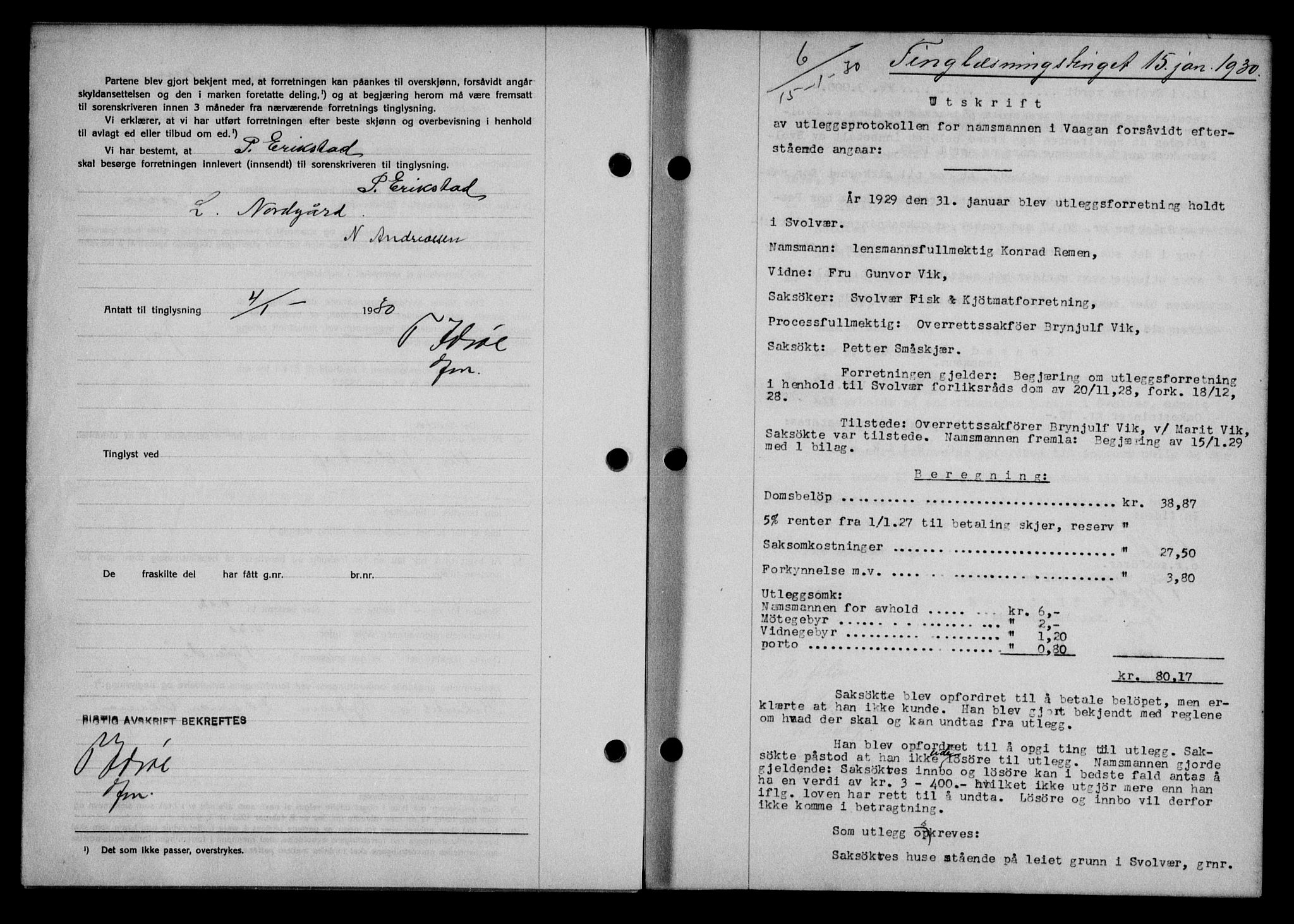 Lofoten sorenskriveri, SAT/A-0017/1/2/2C/L0021b: Mortgage book no. 21b, 1930-1930, Deed date: 15.01.1930