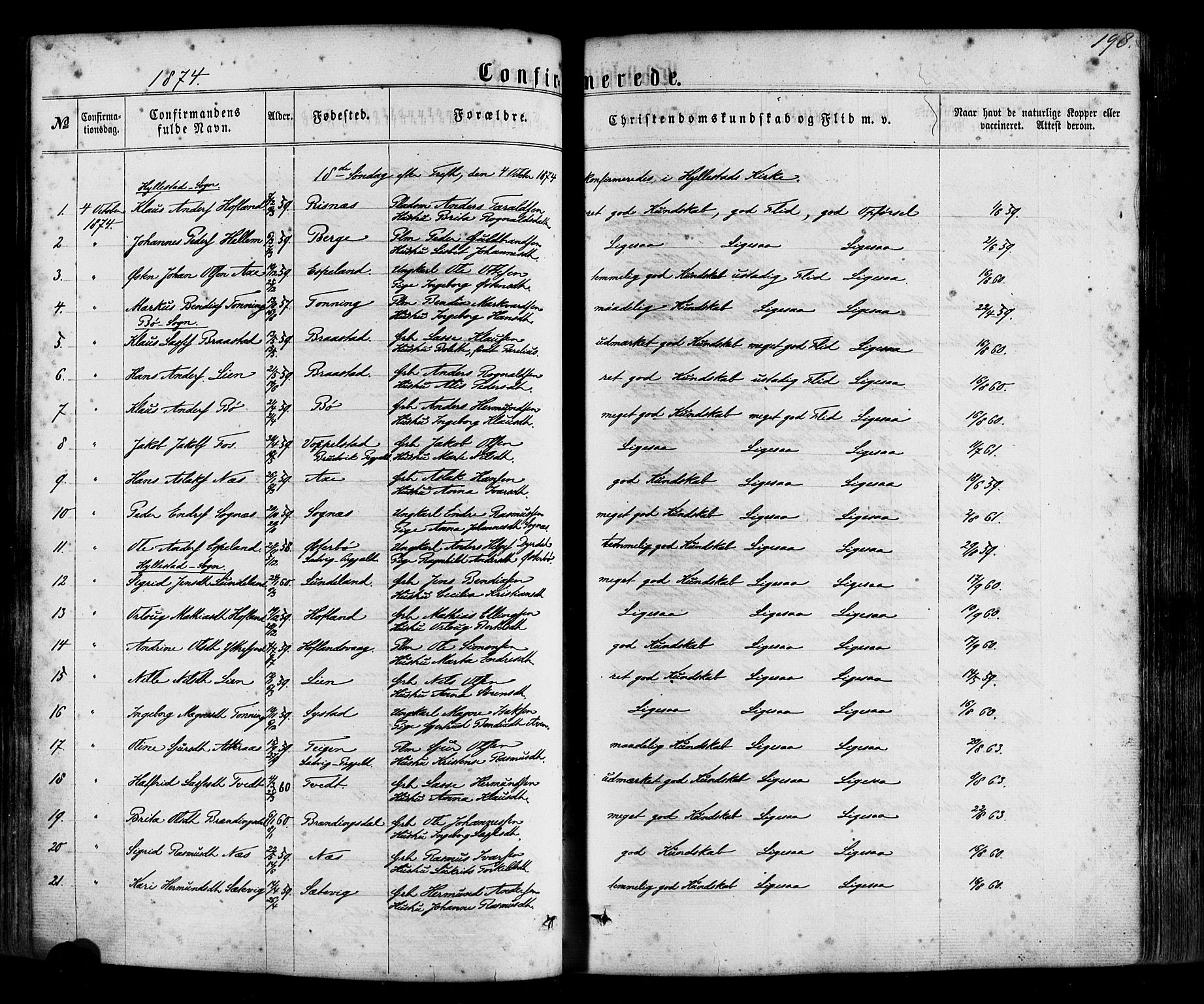 Hyllestad sokneprestembete, SAB/A-80401: Parish register (official) no. A 1, 1861-1886, p. 198