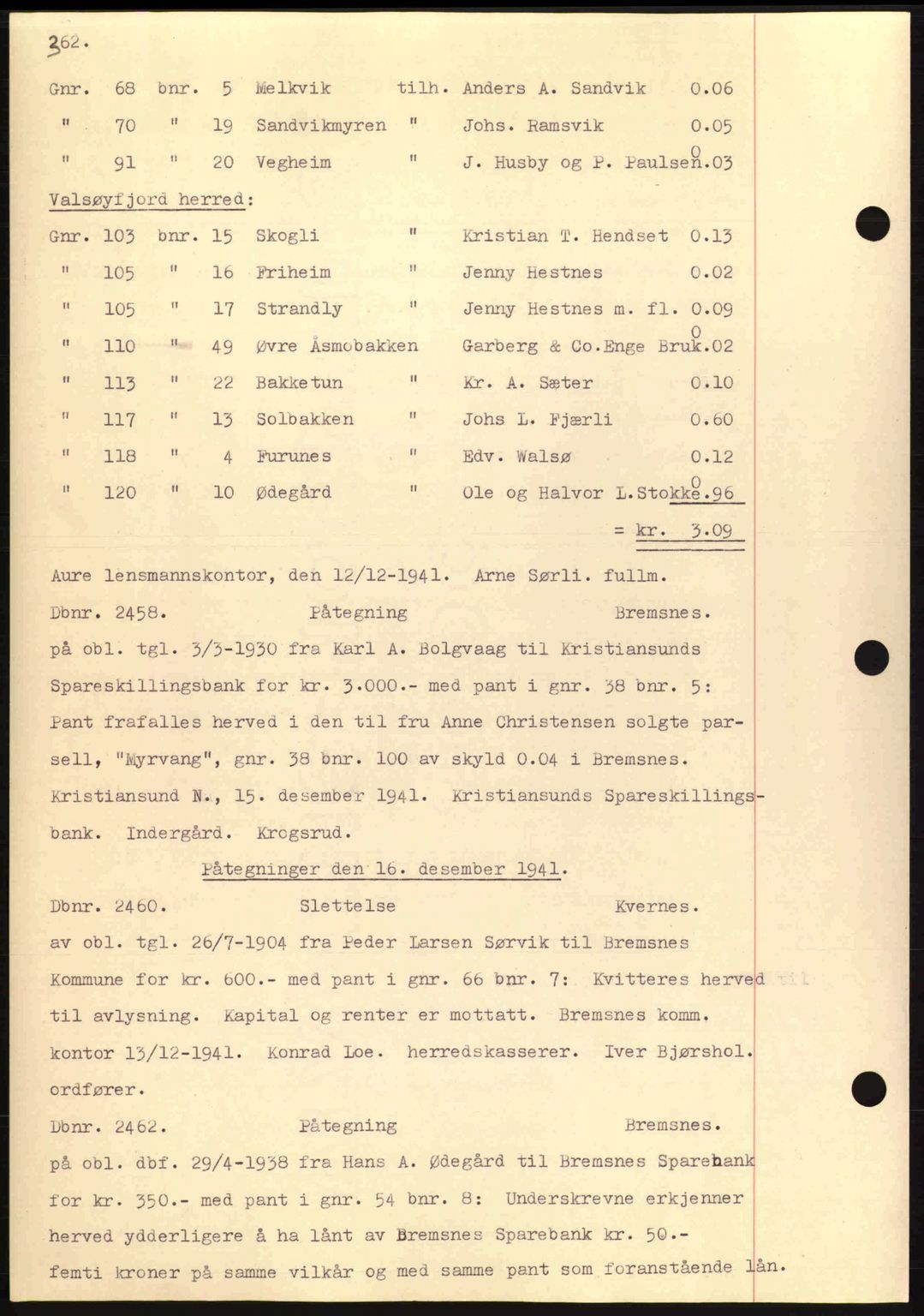 Nordmøre sorenskriveri, AV/SAT-A-4132/1/2/2Ca: Mortgage book no. C81, 1940-1945, Diary no: : 2458/1941