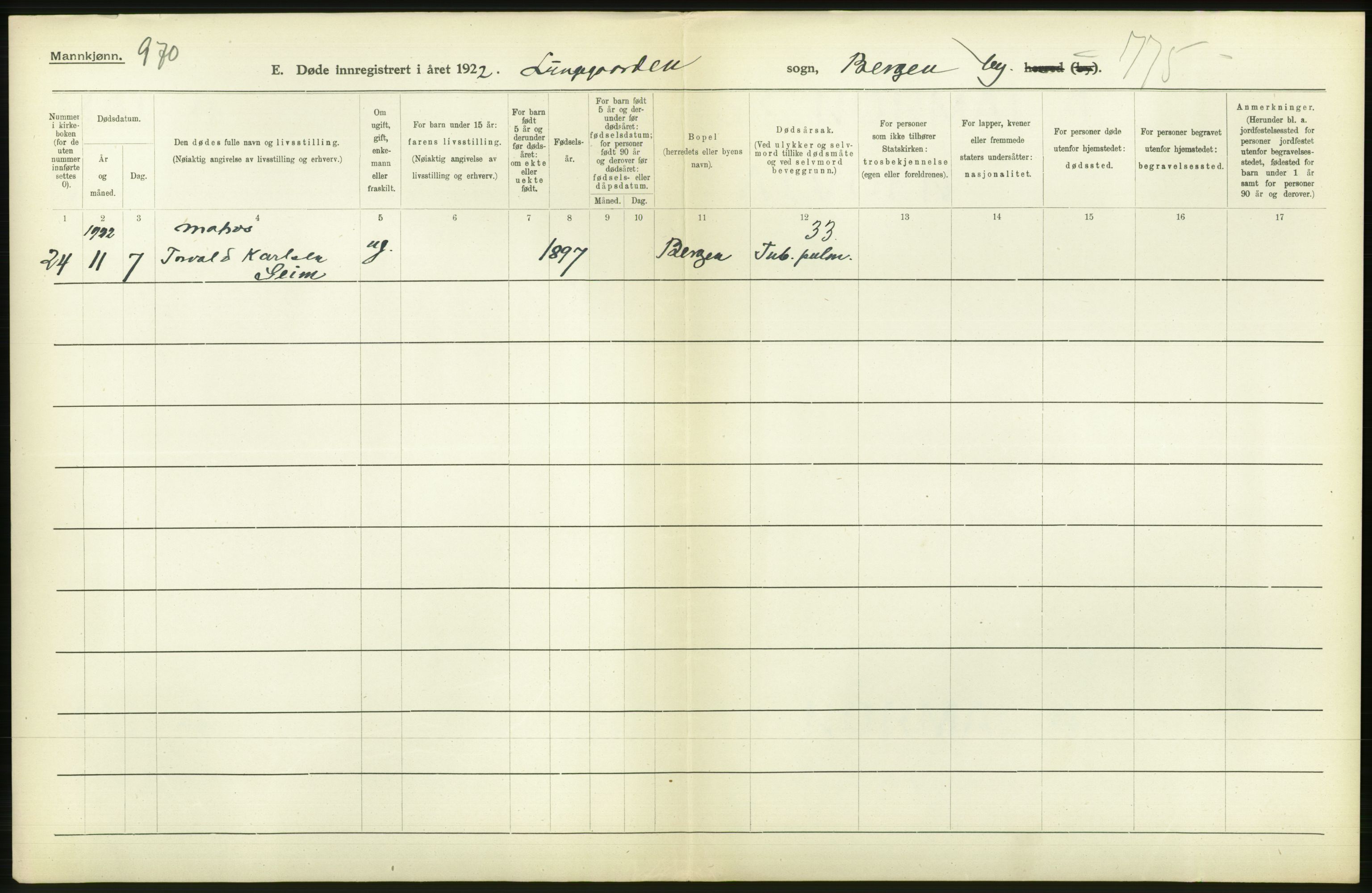 Statistisk sentralbyrå, Sosiodemografiske emner, Befolkning, AV/RA-S-2228/D/Df/Dfc/Dfcb/L0030: Bergen: Gifte, døde, dødfødte., 1922, p. 386