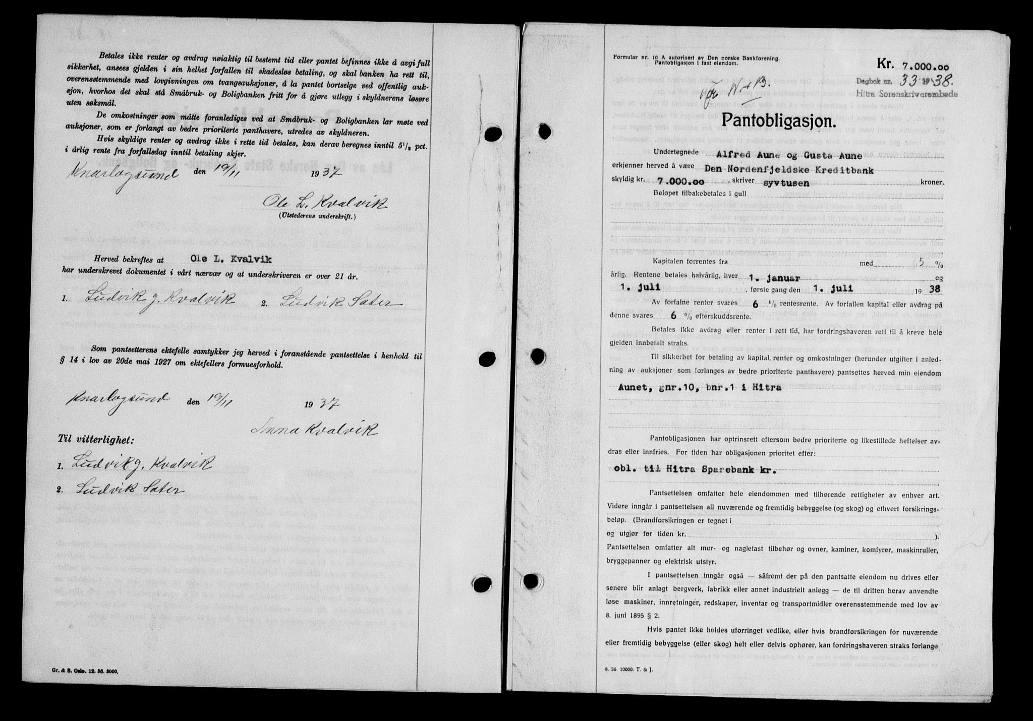 Hitra sorenskriveri, AV/SAT-A-0018/2/2C/2Ca/L0028: Mortgage book no. B-1, 1936-1939, Diary no: : 33/1938