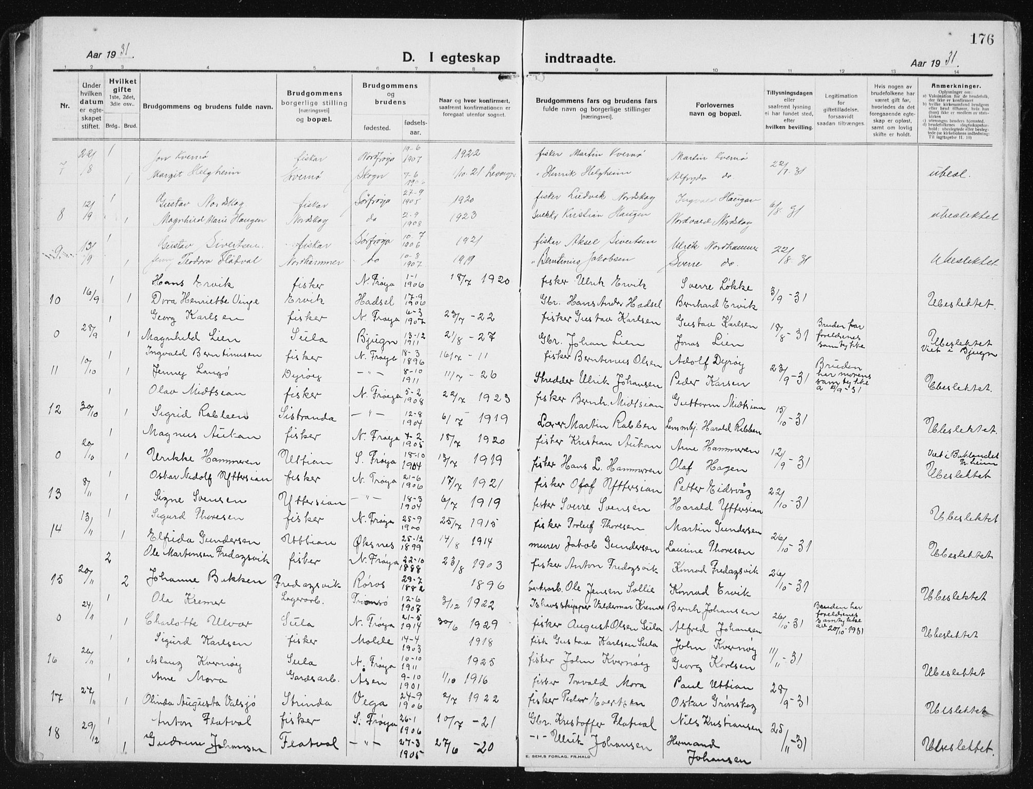 Ministerialprotokoller, klokkerbøker og fødselsregistre - Sør-Trøndelag, SAT/A-1456/640/L0589: Parish register (copy) no. 640C06, 1922-1934, p. 176