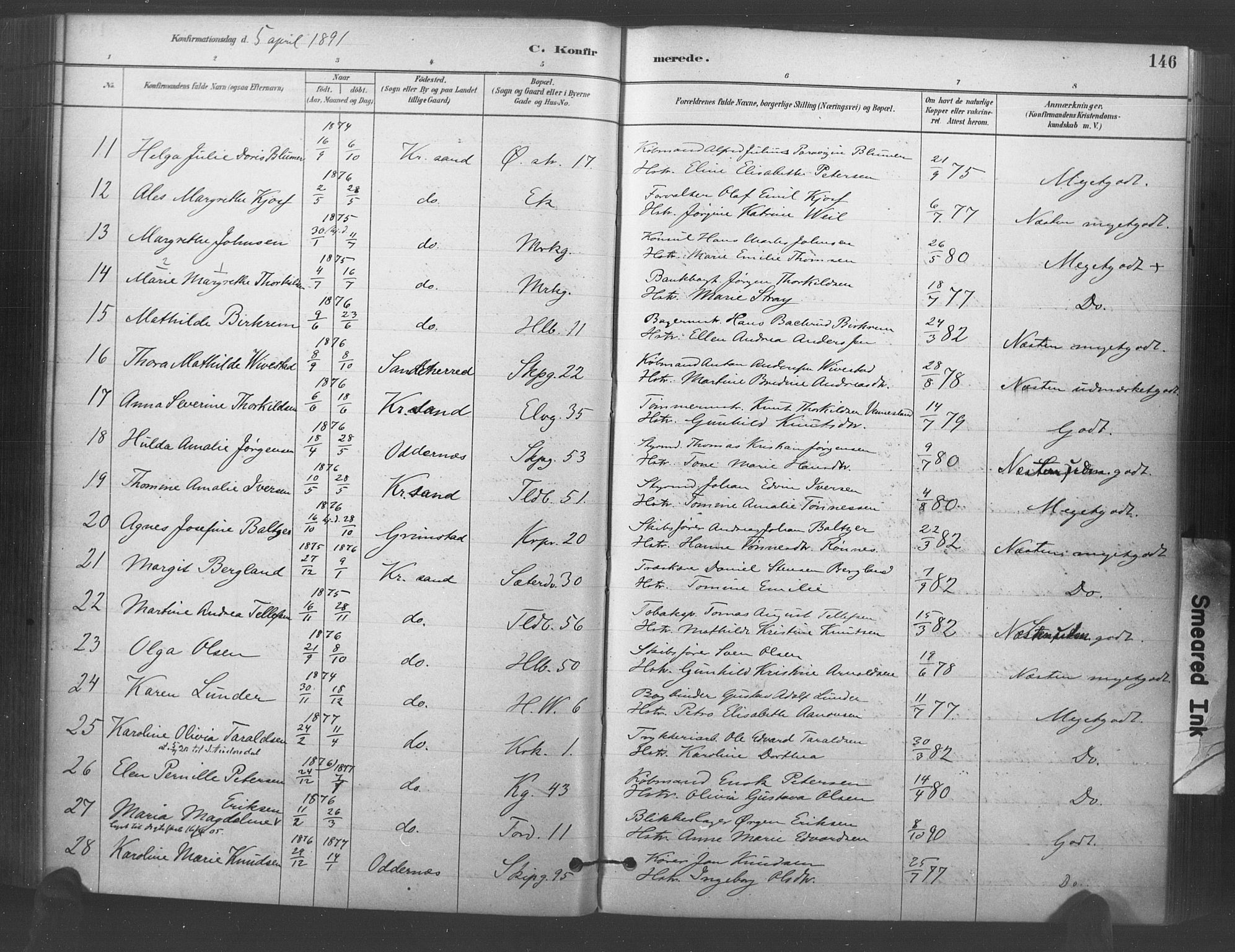 Kristiansand domprosti, SAK/1112-0006/F/Fa/L0018: Parish register (official) no. A 17, 1880-1892, p. 146