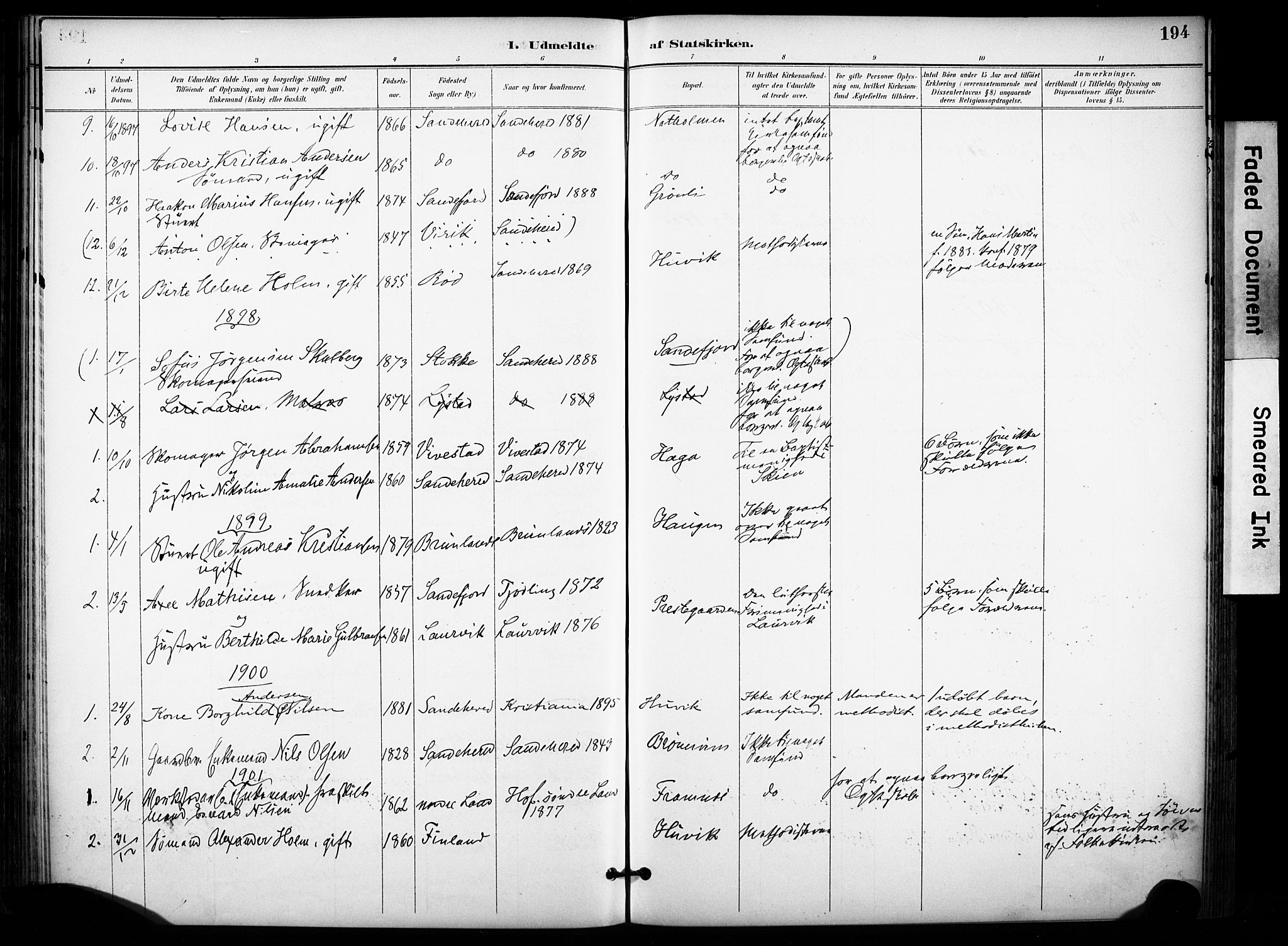 Sandar kirkebøker, SAKO/A-243/F/Fa/L0015: Parish register (official) no. 15, 1896-1907, p. 194