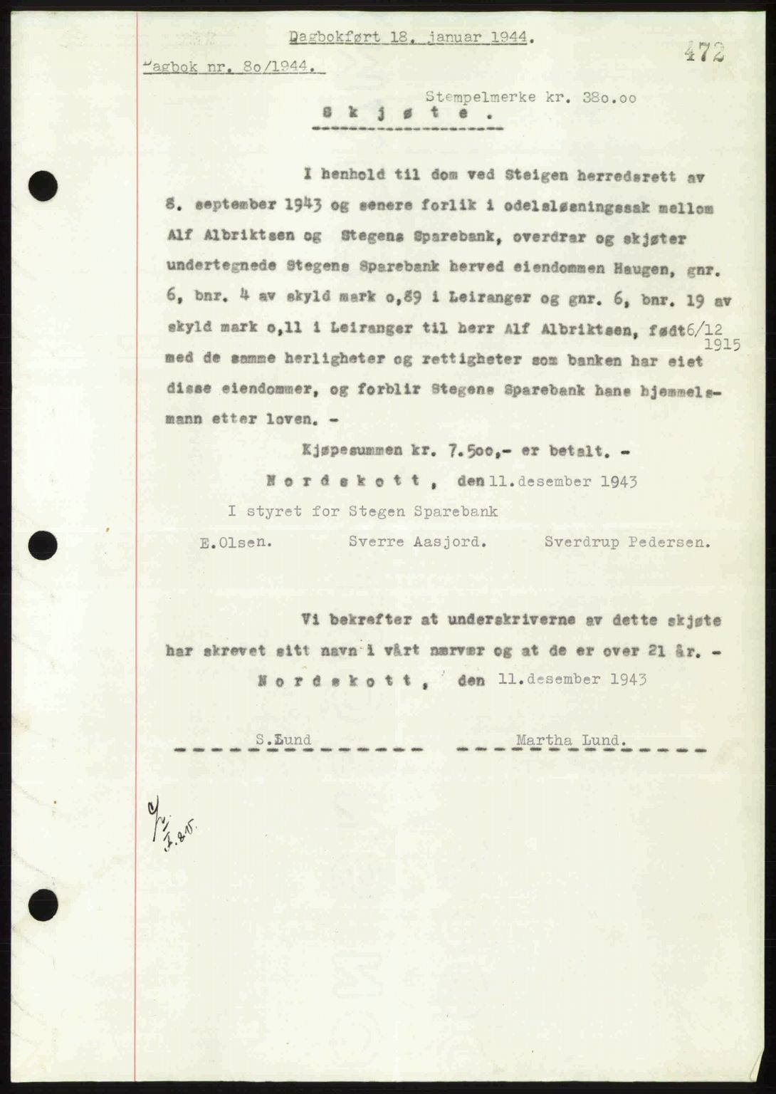 Steigen og Ofoten sorenskriveri, AV/SAT-A-0030/1/2/2C: Mortgage book no. A2, 1942-1948, Diary no: : 80/1944
