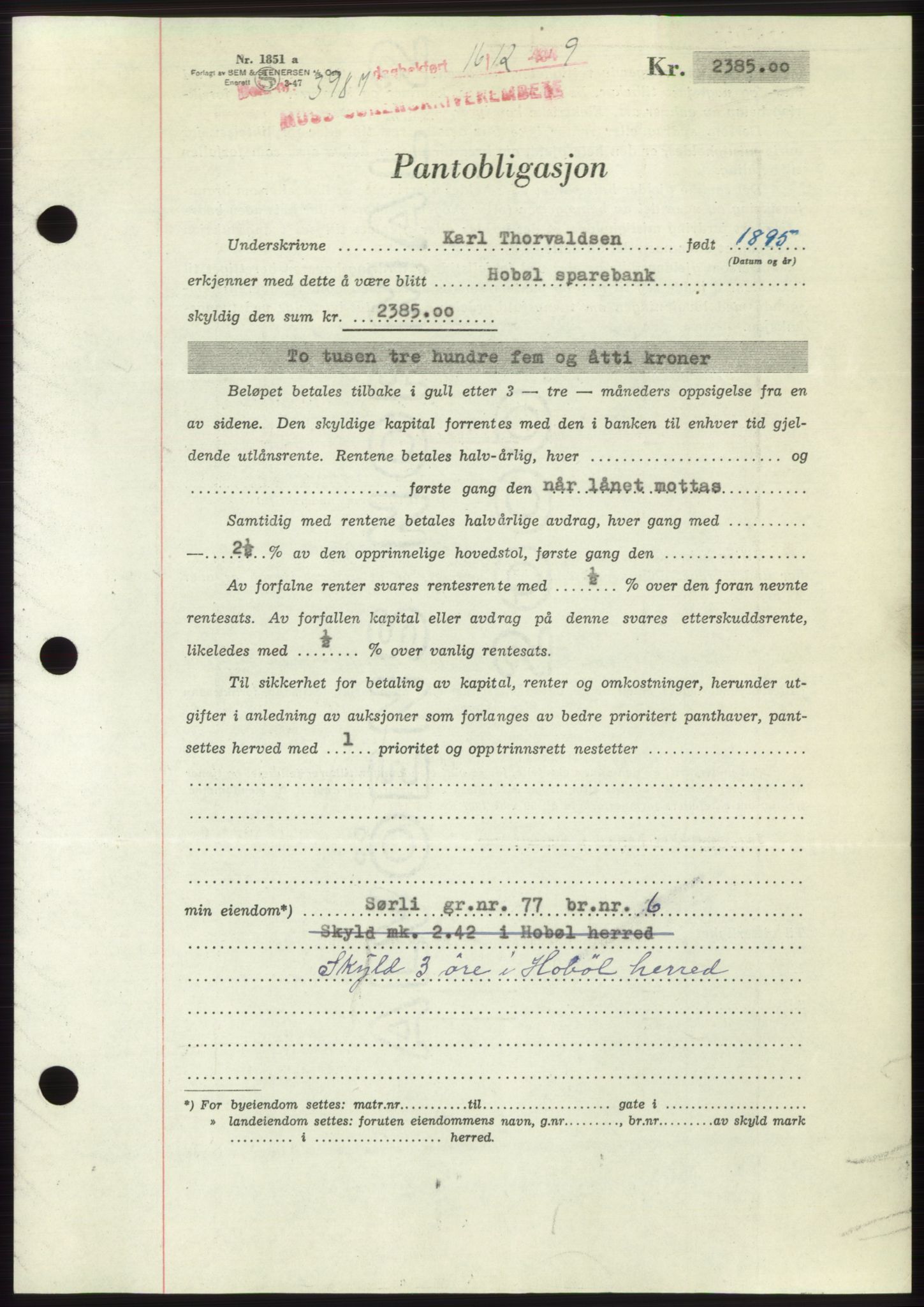 Moss sorenskriveri, SAO/A-10168: Mortgage book no. B23, 1949-1950, Diary no: : 3987/1949