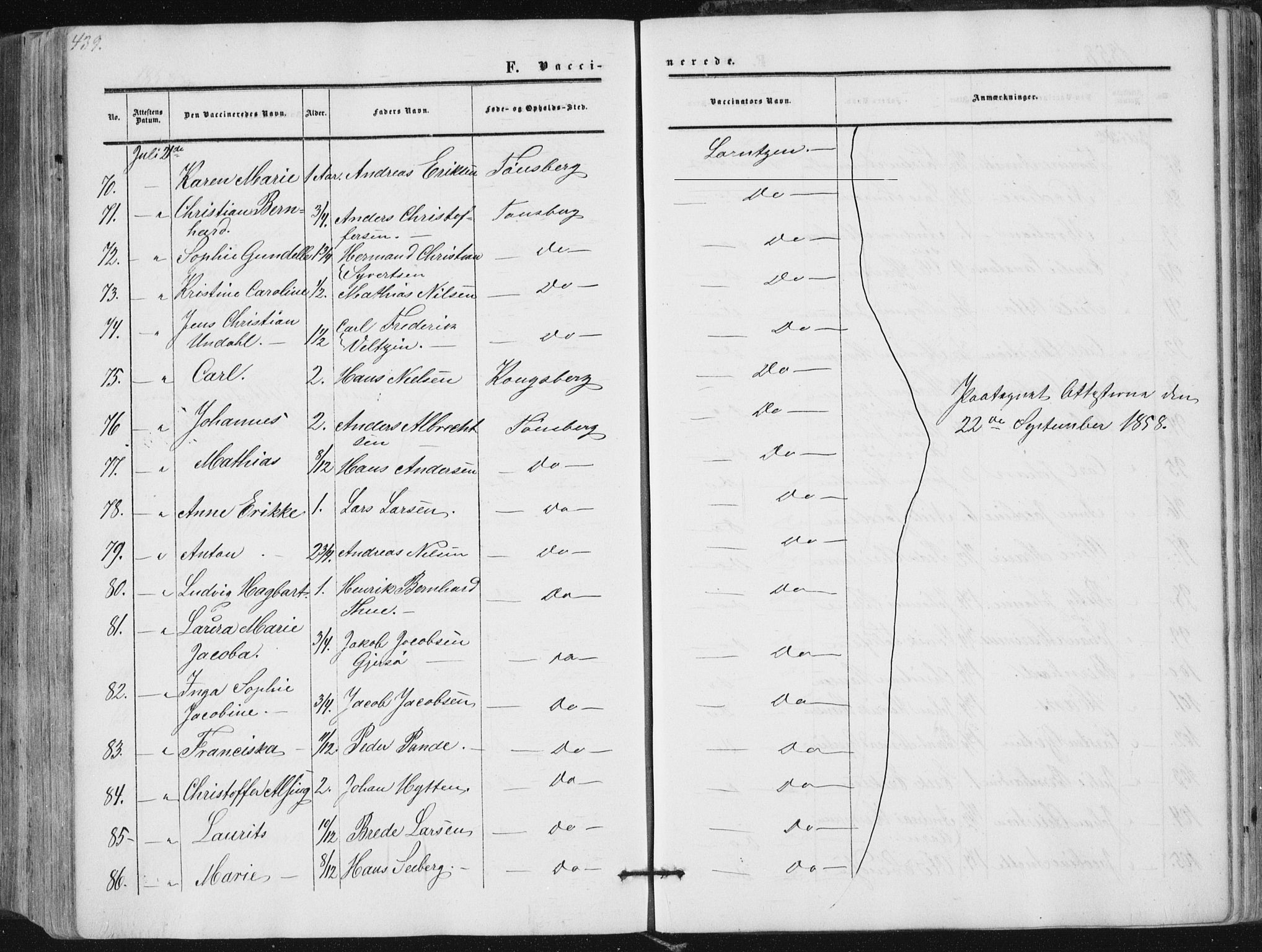 Tønsberg kirkebøker, AV/SAKO-A-330/F/Fa/L0008: Parish register (official) no. I 8, 1855-1864, p. 439