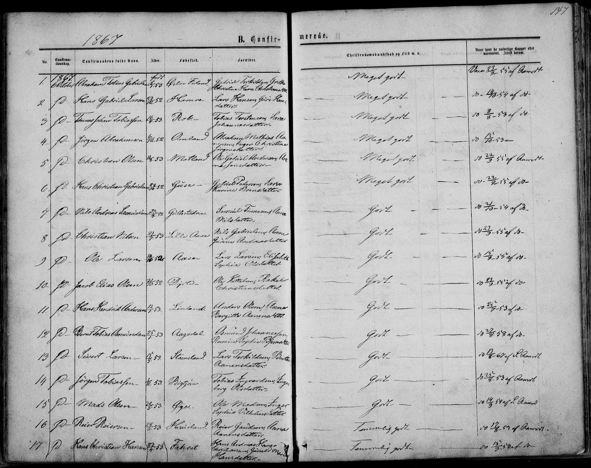 Kvinesdal sokneprestkontor, AV/SAK-1111-0026/F/Fa/Fab/L0006: Parish register (official) no. A 6, 1857-1869, p. 147