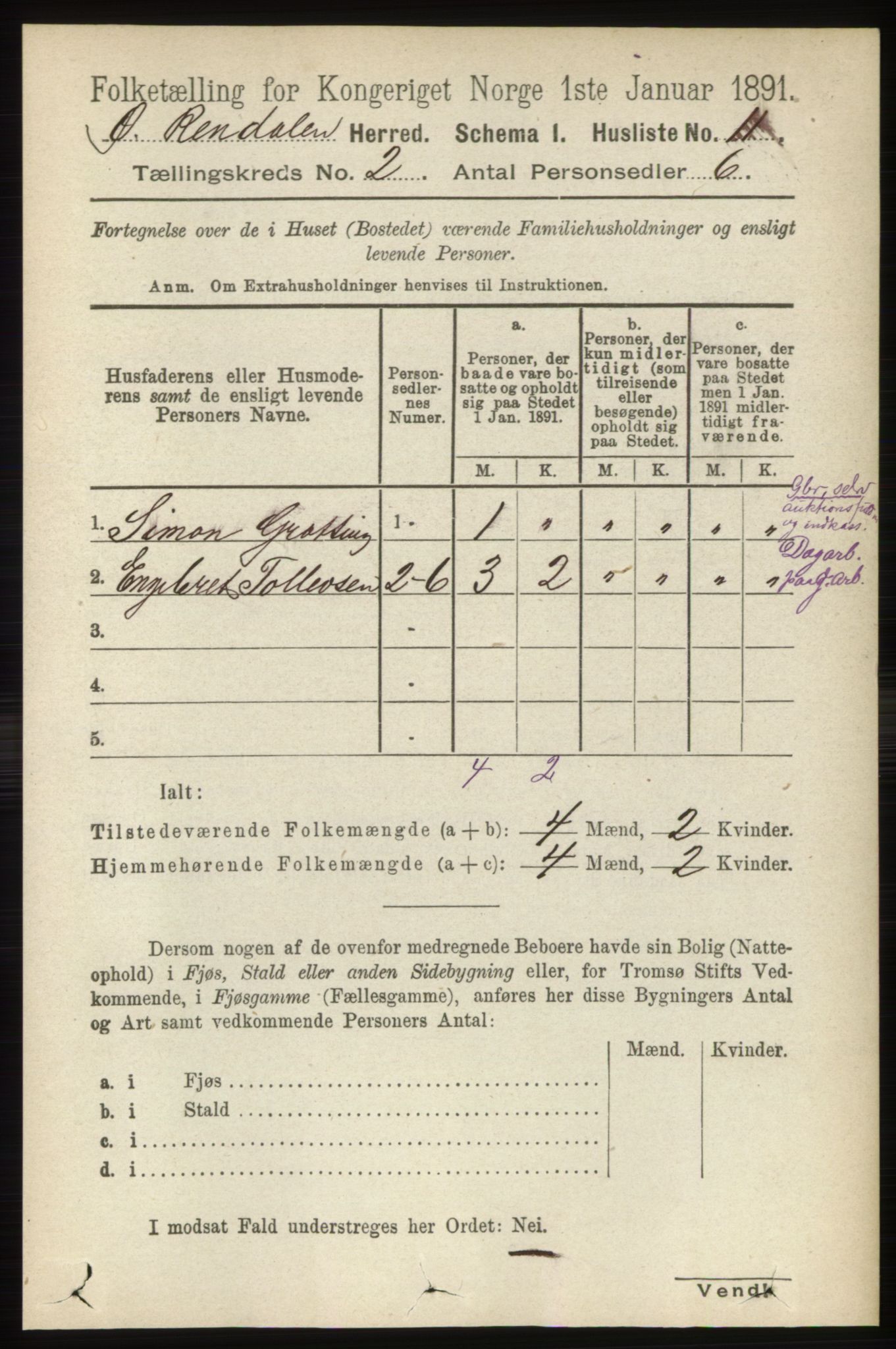 RA, 1891 census for 0433 Øvre Rendal, 1891, p. 344