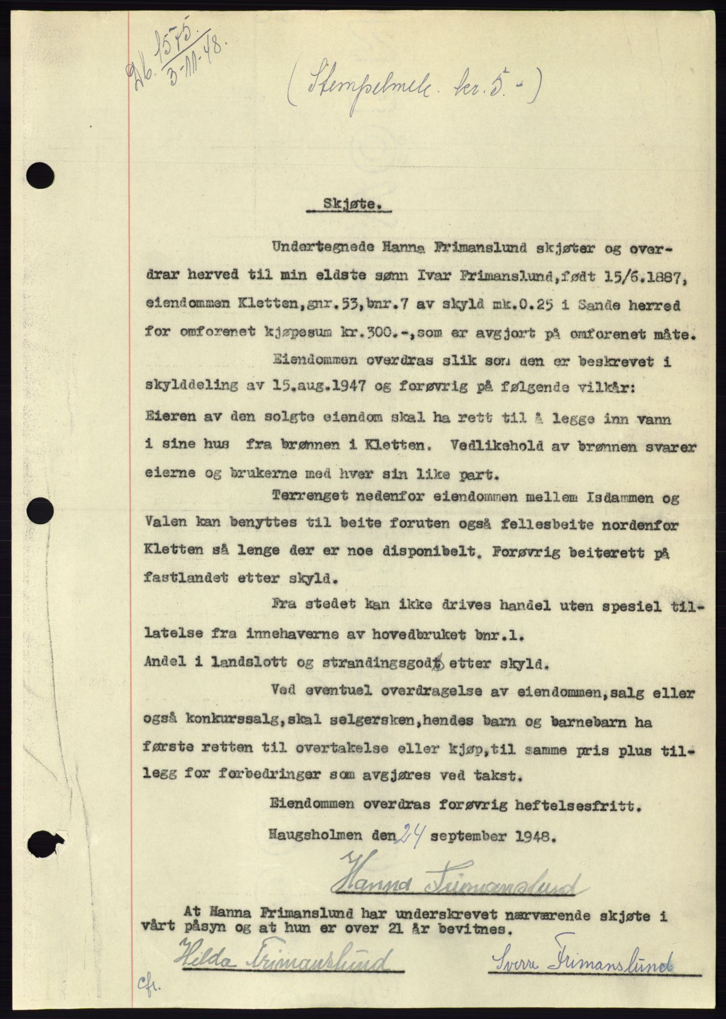 Søre Sunnmøre sorenskriveri, AV/SAT-A-4122/1/2/2C/L0083: Mortgage book no. 9A, 1948-1949, Diary no: : 1575/1948