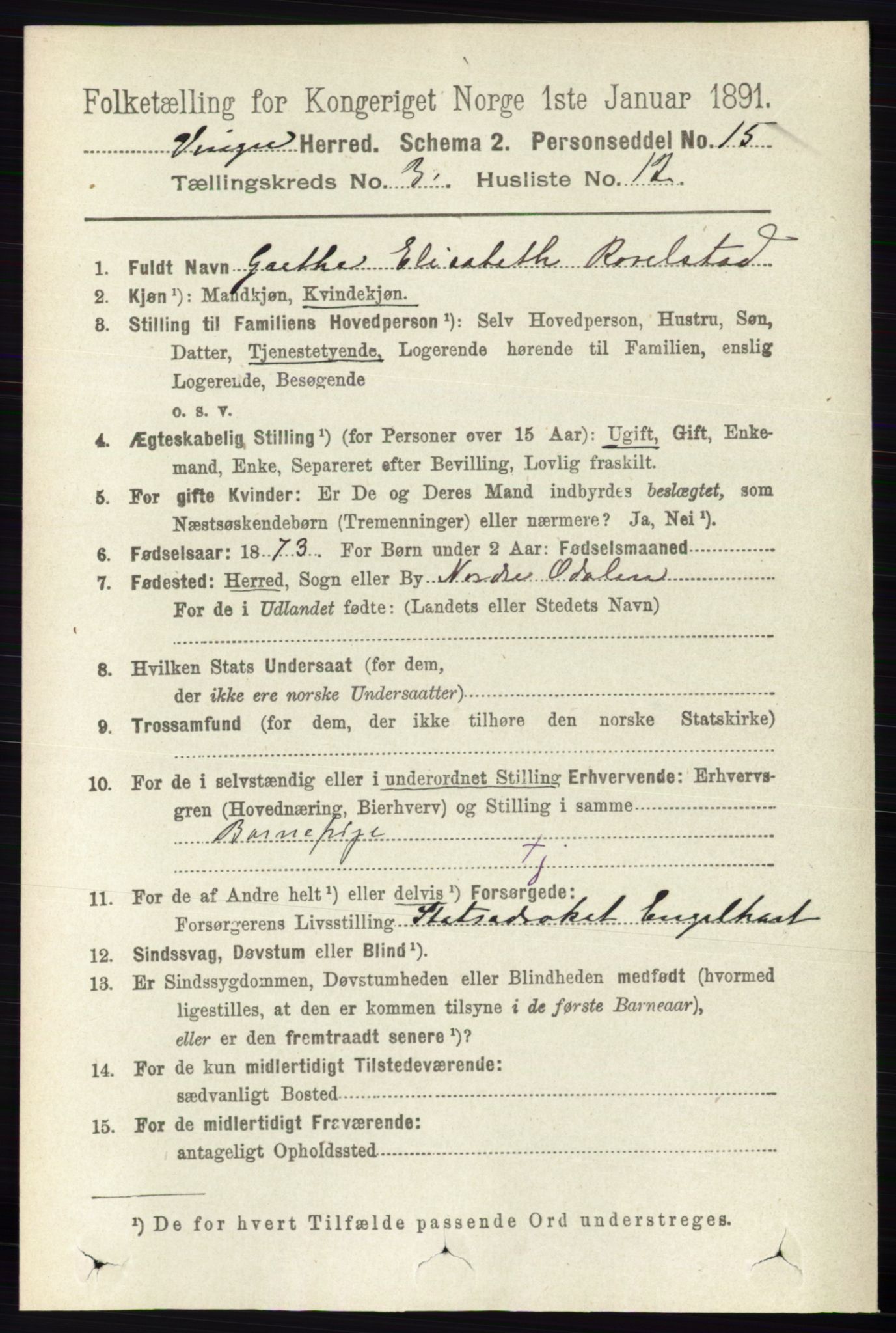 RA, 1891 census for 0421 Vinger, 1891, p. 989