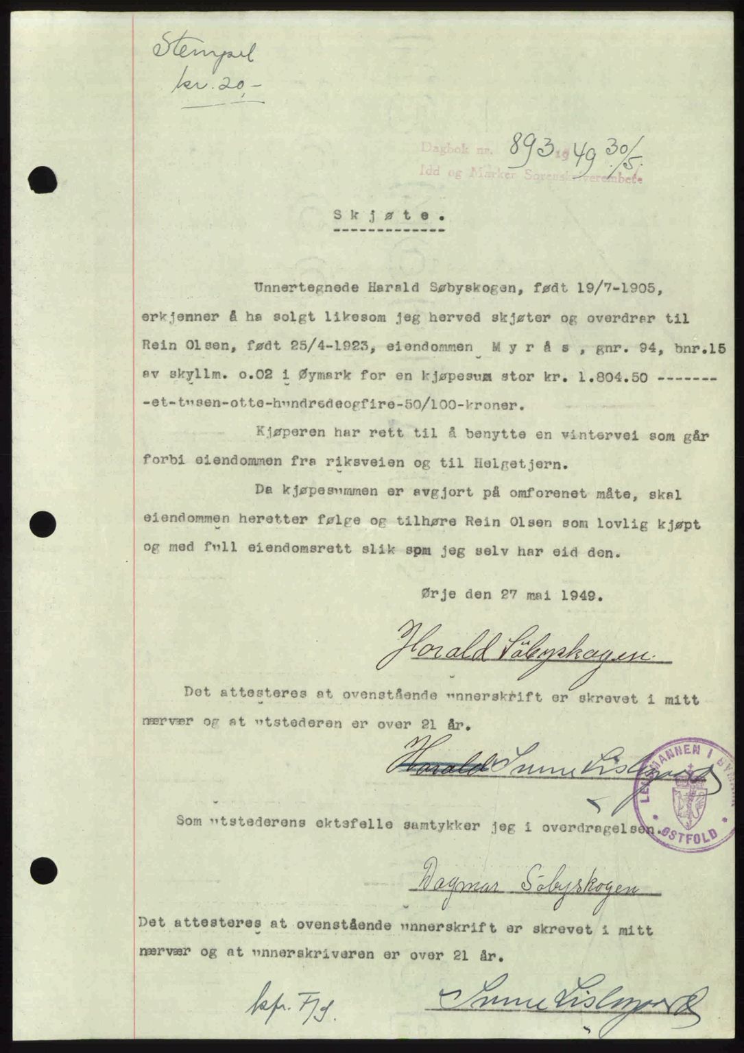 Idd og Marker sorenskriveri, AV/SAO-A-10283/G/Gb/Gbb/L0012: Mortgage book no. A12, 1949-1949, Diary no: : 893/1949