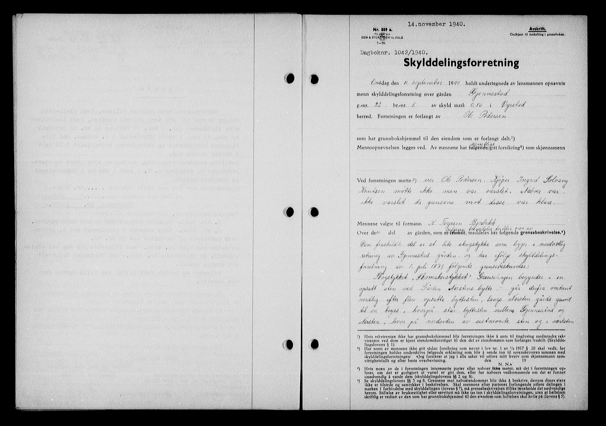 Nedenes sorenskriveri, SAK/1221-0006/G/Gb/Gba/L0048: Mortgage book no. A-II, 1940-1941, Diary no: : 1042/1940