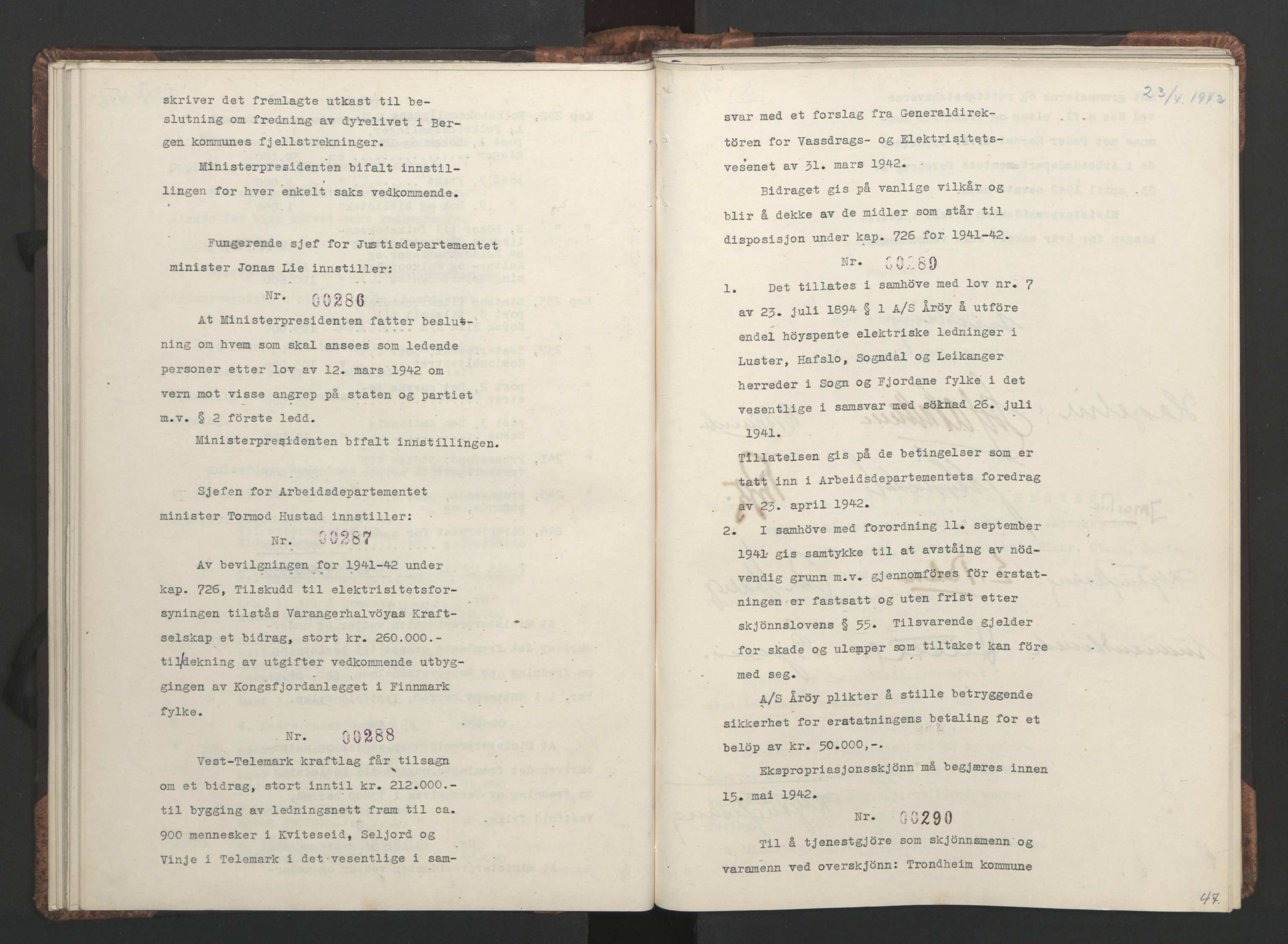 NS-administrasjonen 1940-1945 (Statsrådsekretariatet, de kommisariske statsråder mm), RA/S-4279/D/Da/L0001: Beslutninger og tillegg (1-952 og 1-32), 1942, p. 50