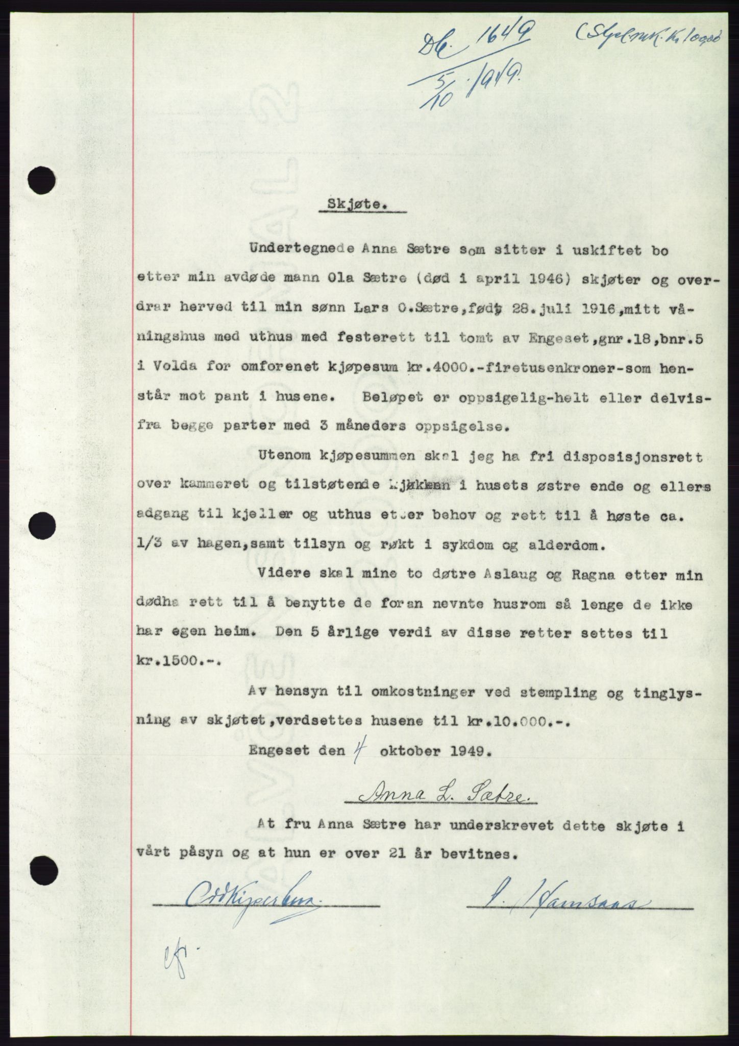 Søre Sunnmøre sorenskriveri, AV/SAT-A-4122/1/2/2C/L0085: Mortgage book no. 11A, 1949-1949, Diary no: : 1649/1949