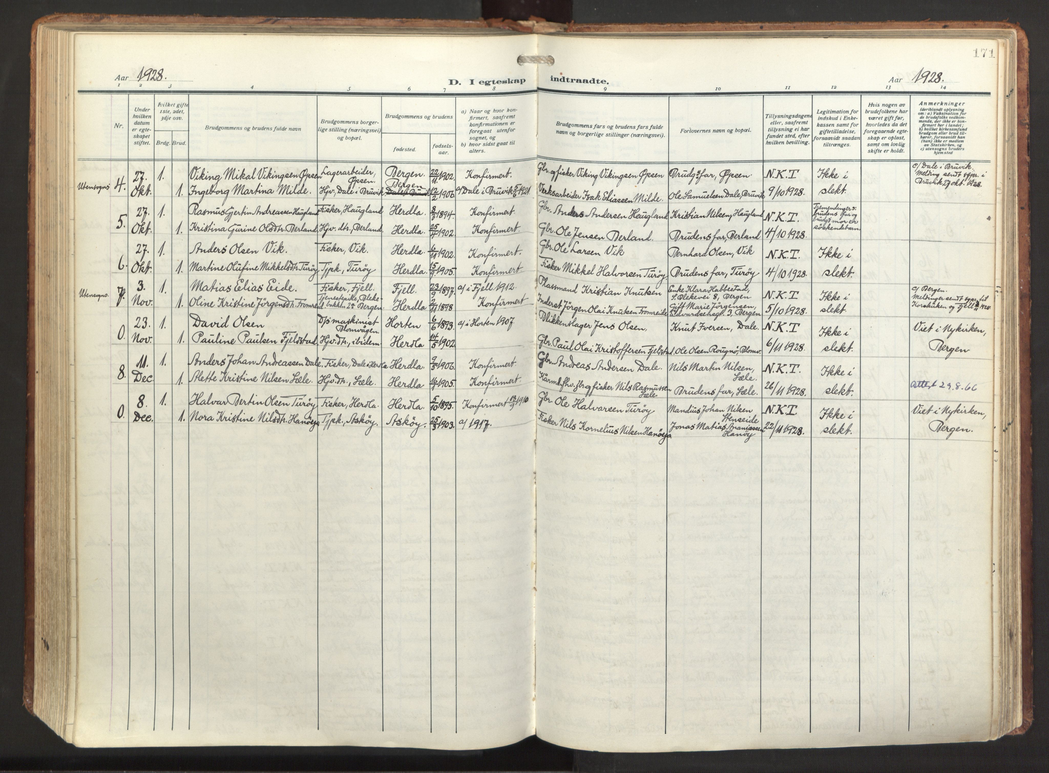 Herdla Sokneprestembete, AV/SAB-A-75701/H/Haa: Parish register (official) no. A 6, 1918-1933, p. 171