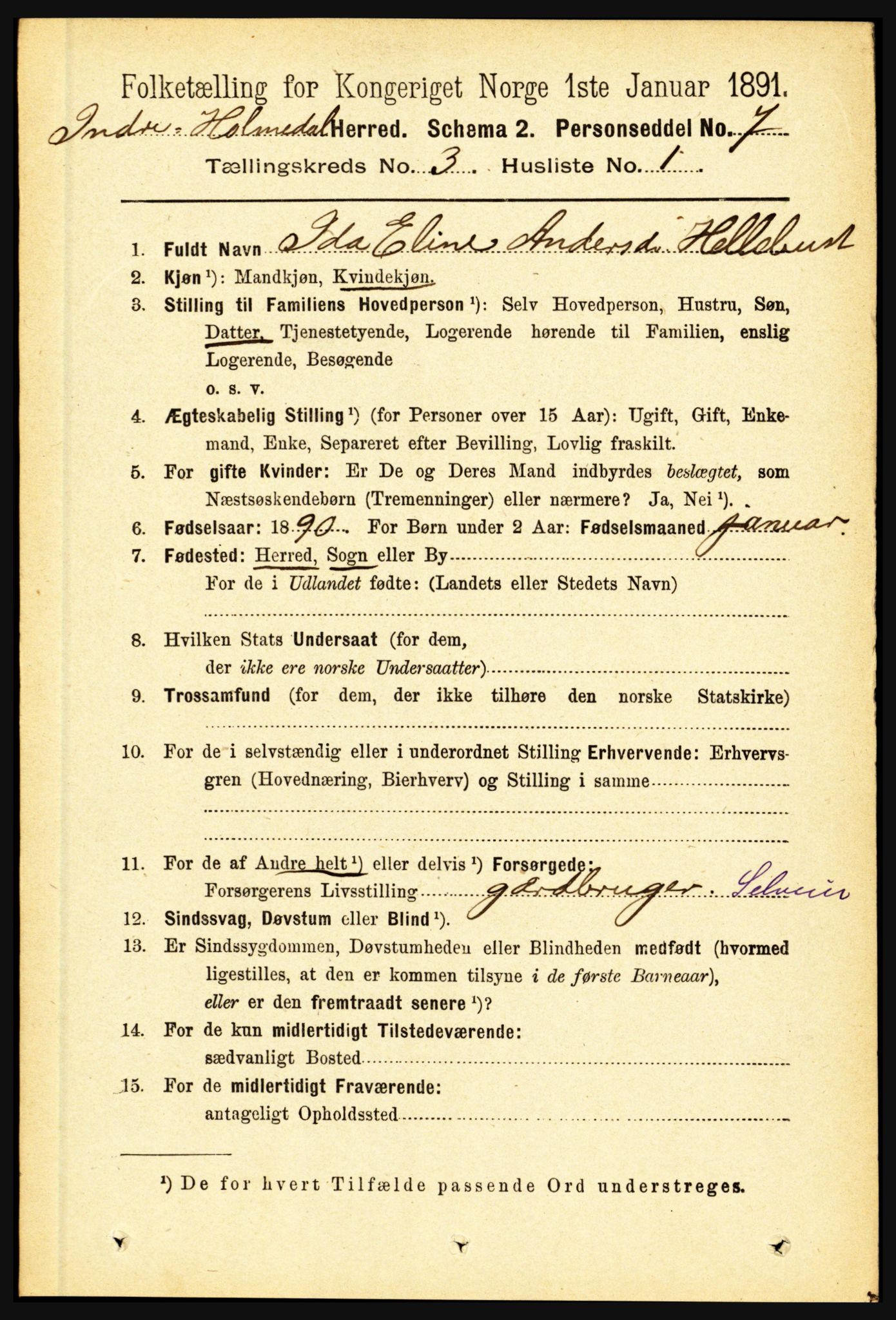 RA, 1891 census for 1430 Indre Holmedal, 1891, p. 901