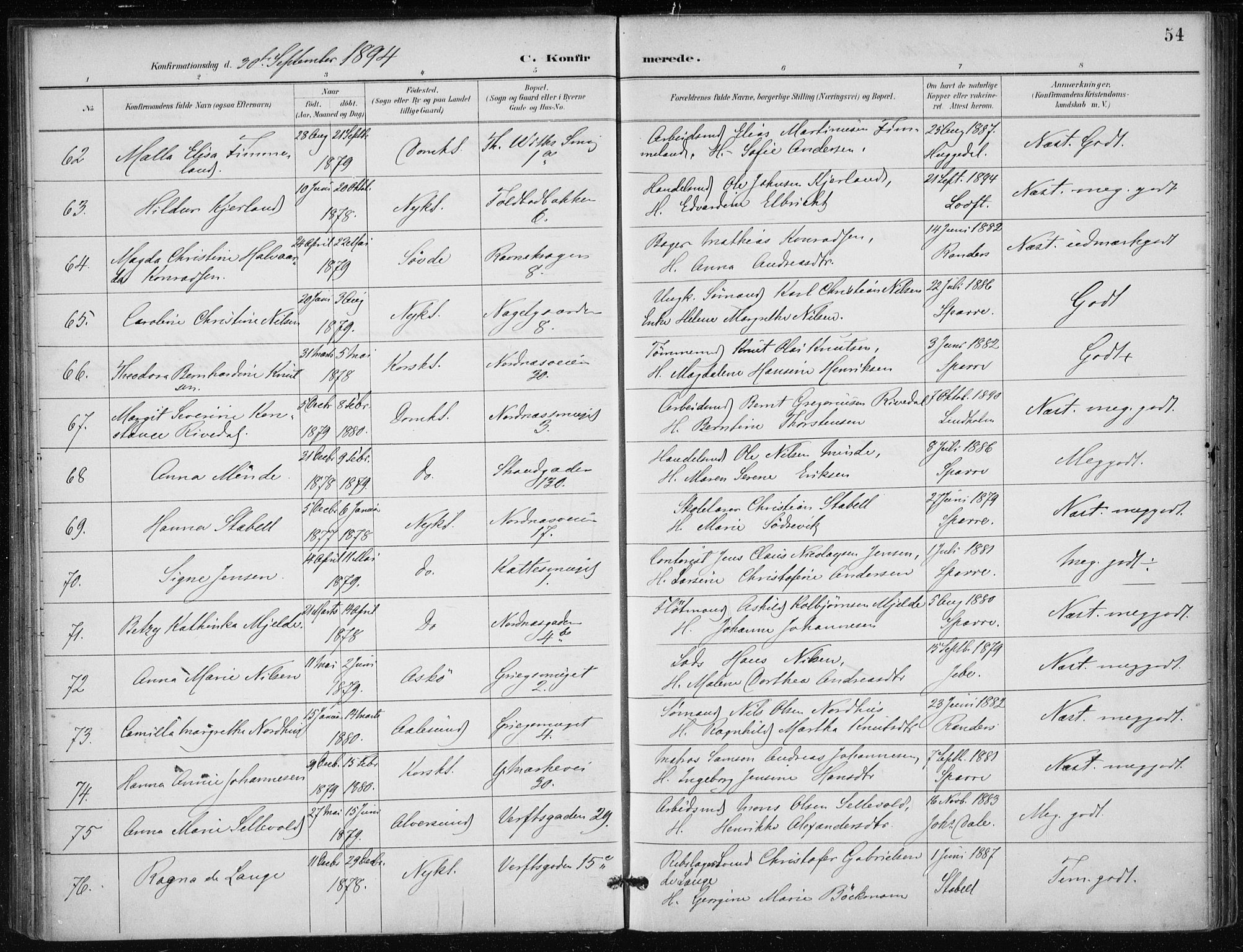 Nykirken Sokneprestembete, AV/SAB-A-77101/H/Haa/L0028: Parish register (official) no. C 7, 1887-1913, p. 54