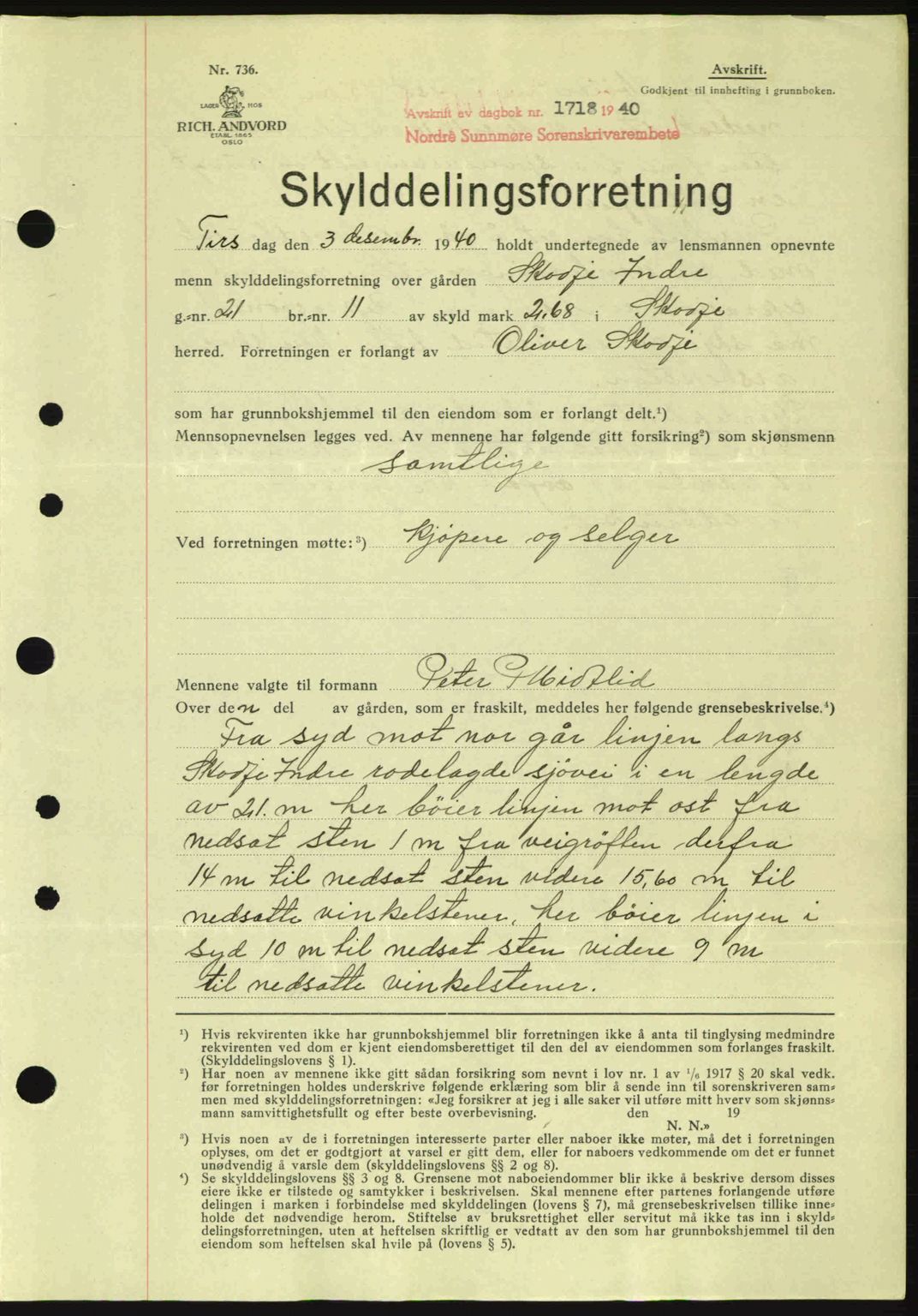 Nordre Sunnmøre sorenskriveri, AV/SAT-A-0006/1/2/2C/2Ca: Mortgage book no. A10, 1940-1941, Diary no: : 1718/1940