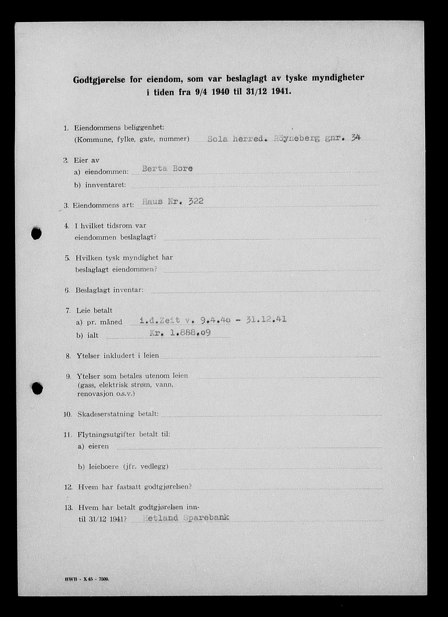 Justisdepartementet, Tilbakeføringskontoret for inndratte formuer, AV/RA-S-1564/I/L1014: Godtgjørelse for beslaglagt eiendom, 1940-1941, p. 188