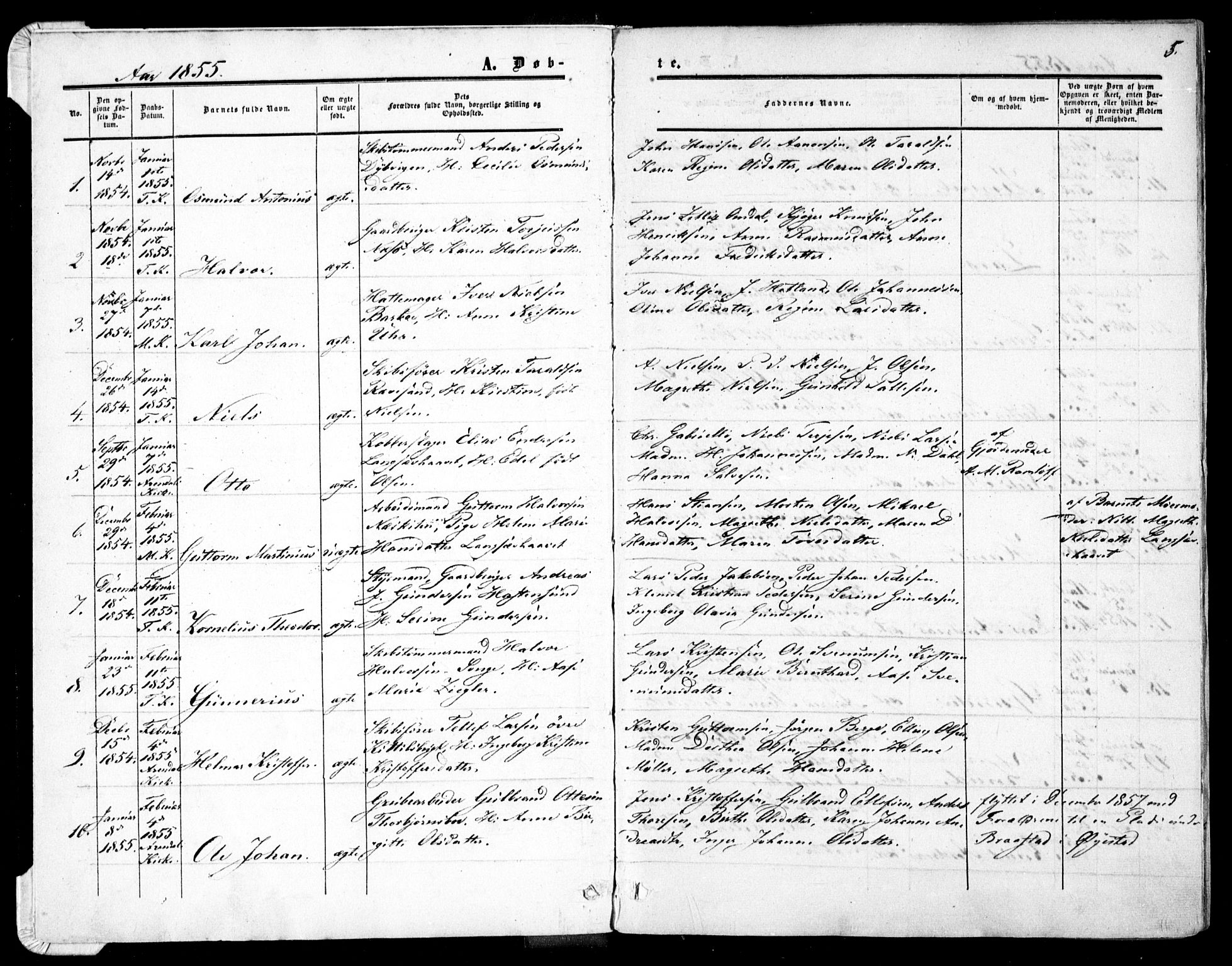 Tromøy sokneprestkontor, SAK/1111-0041/F/Fa/L0006: Parish register (official) no. A 6, 1855-1863, p. 5