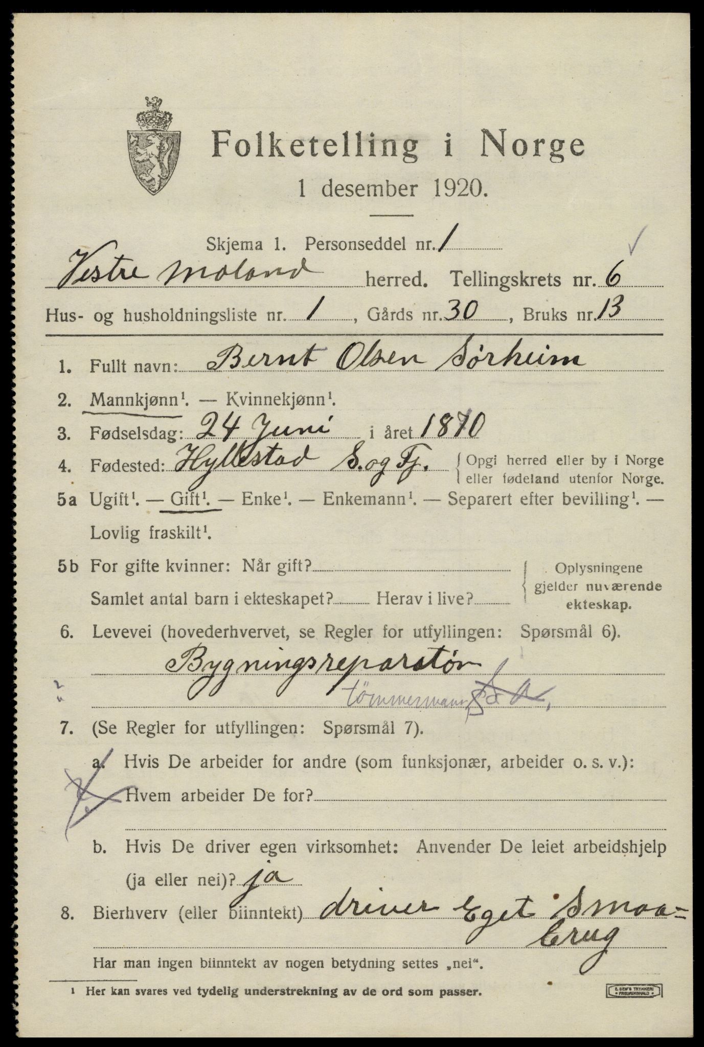 SAK, 1920 census for Vestre Moland, 1920, p. 4605