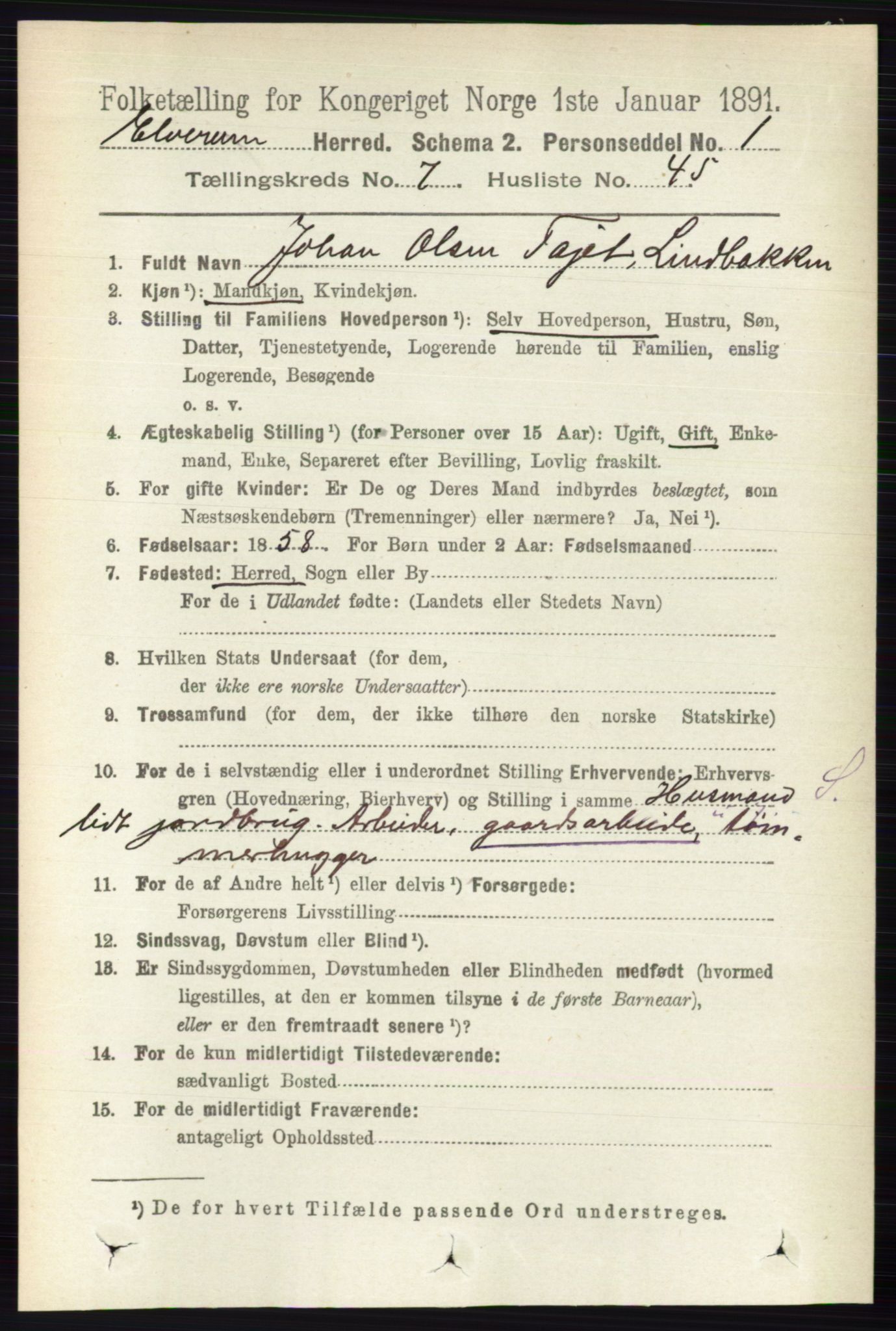 RA, 1891 census for 0427 Elverum, 1891, p. 5906