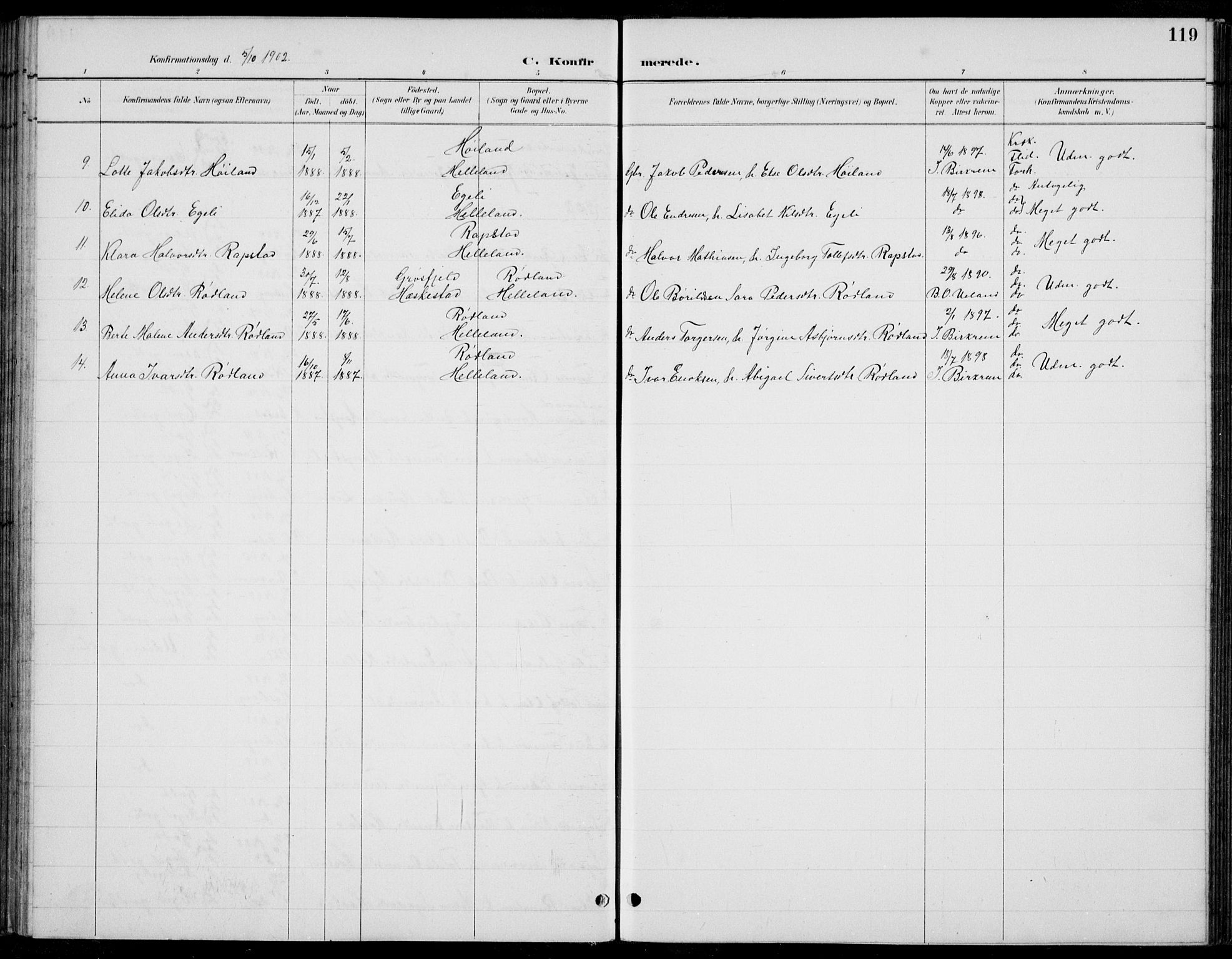 Helleland sokneprestkontor, SAST/A-101810: Parish register (copy) no. B 4, 1887-1941, p. 119