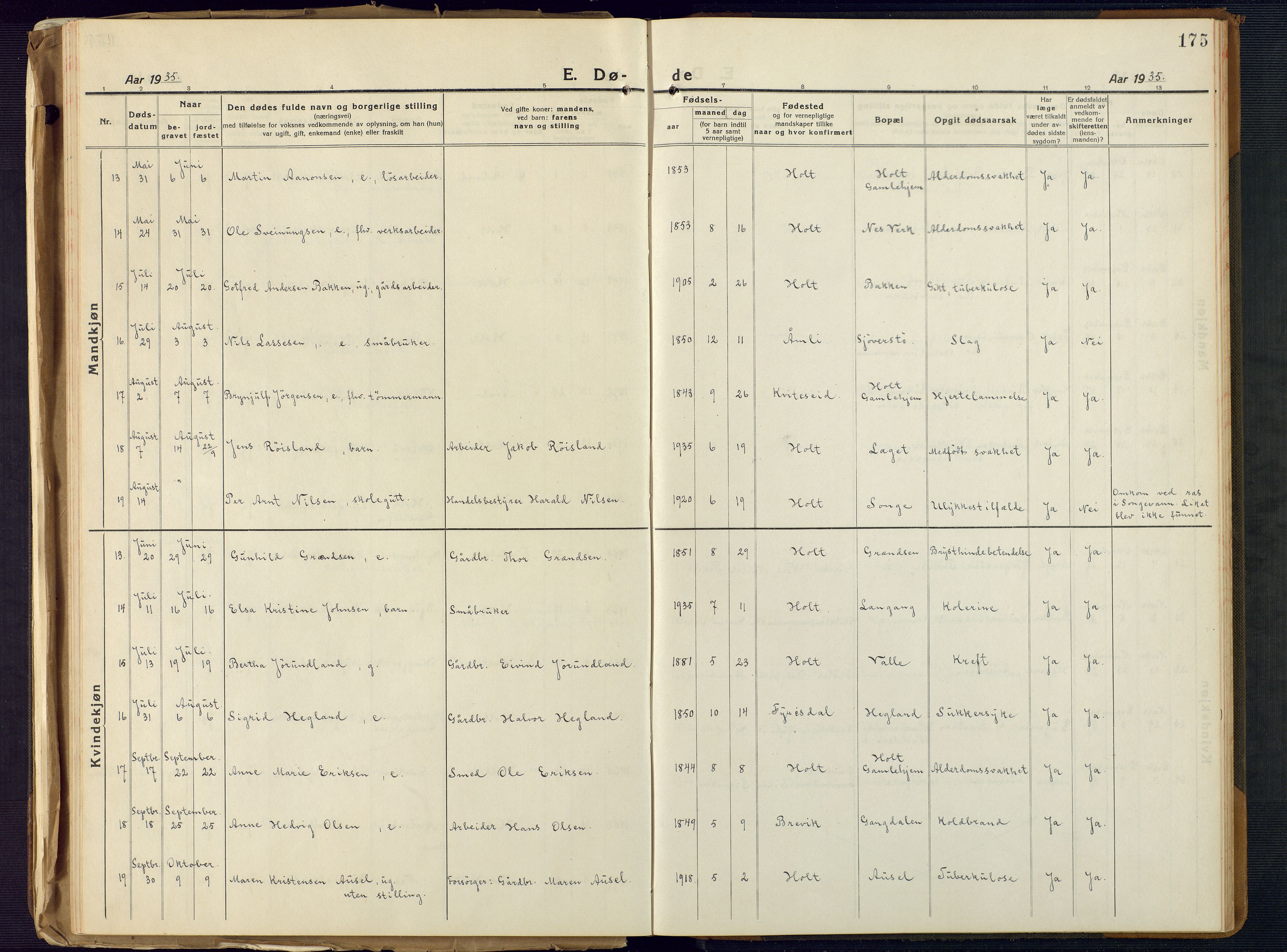 Holt sokneprestkontor, AV/SAK-1111-0021/F/Fb/L0012: Parish register (copy) no. B 12, 1919-1944, p. 175