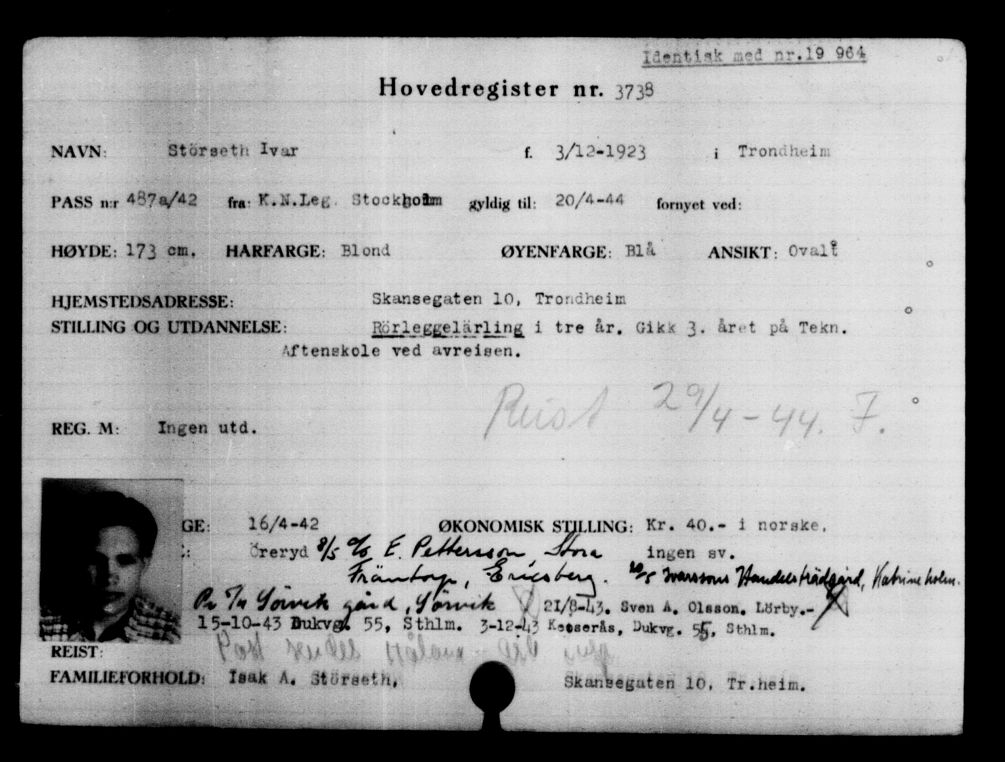 Utenriksstasjonene, Legasjonen i Stockholm, Flyktningkontoret, AV/RA-S-6753/V/Va/L0004: Kjesäterkartoteket, flyktninger med registreringsnr. 3496-6610, 1940-1945, p. 281