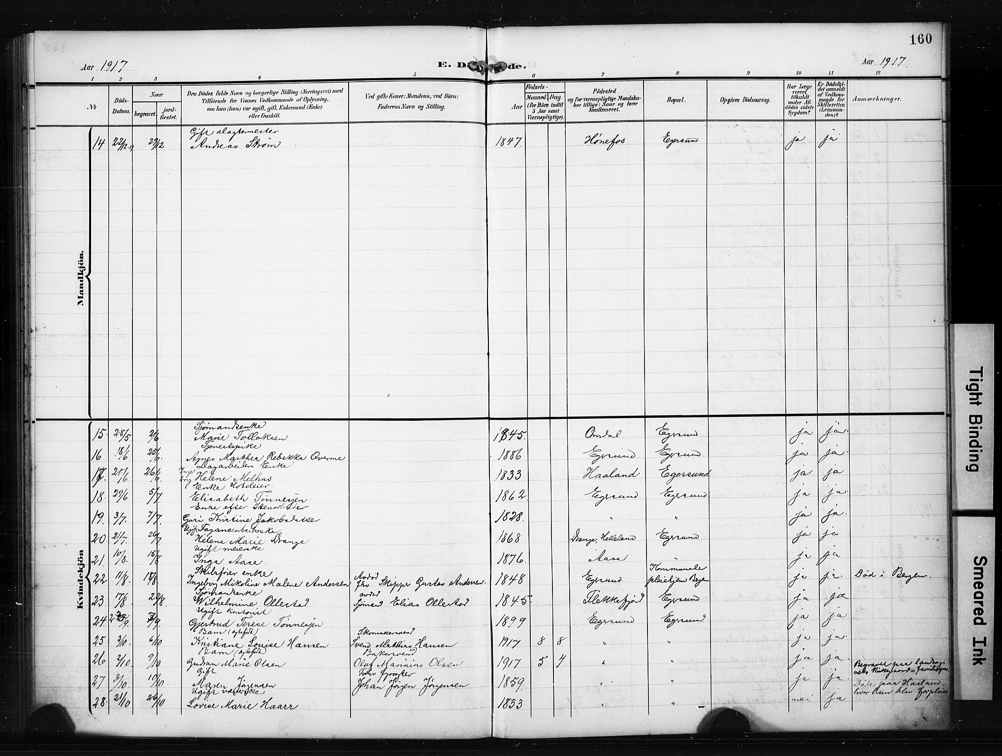 Eigersund sokneprestkontor, SAST/A-101807/S09/L0012: Parish register (copy) no. B 12, 1908-1930, p. 160