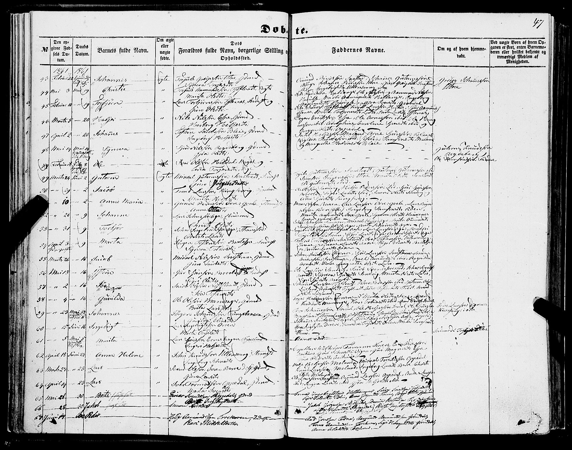 Ullensvang sokneprestembete, AV/SAB-A-78701/H/Haa: Parish register (official) no. A 11, 1854-1866, p. 47
