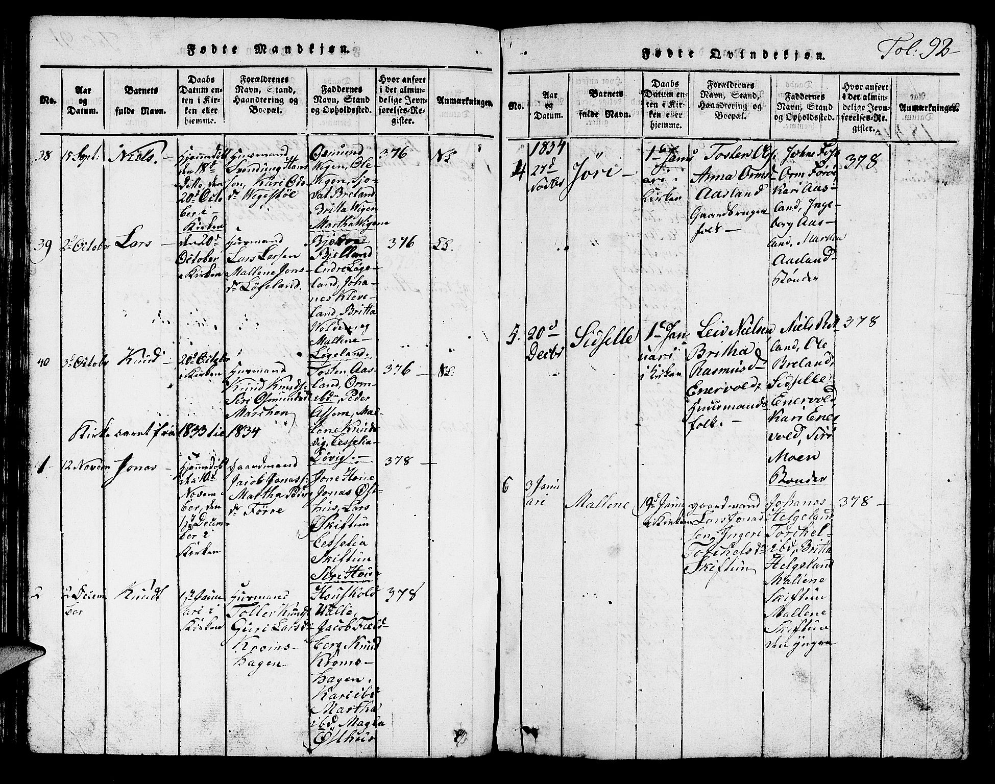 Hjelmeland sokneprestkontor, SAST/A-101843/01/V/L0001: Parish register (copy) no. B 1, 1816-1841, p. 92