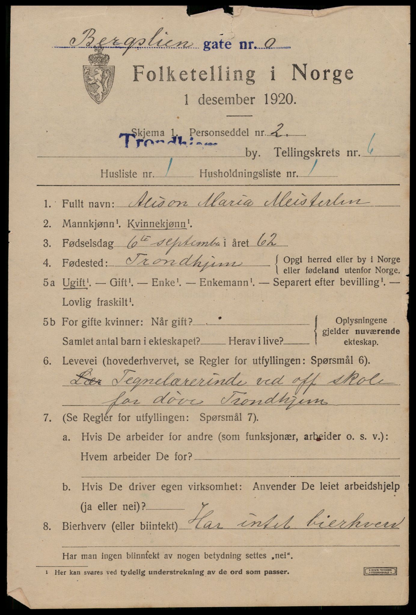 SAT, 1920 census for Trondheim, 1920, p. 39822