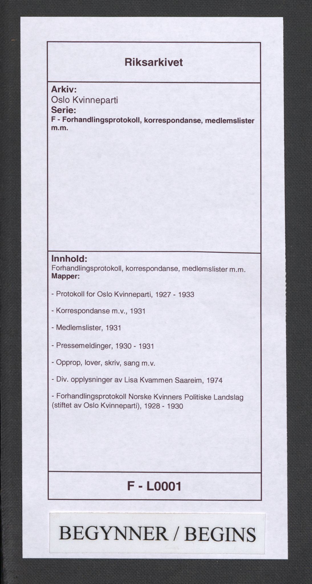 Oslo Kvinneparti, RA/PA-0305/F/L0001/0001: Forhandlingsprotokoll, korrespondanse, medlemslister m.m. / Protokoll for Oslo Kvinneparti, 1927-1974, p. 1