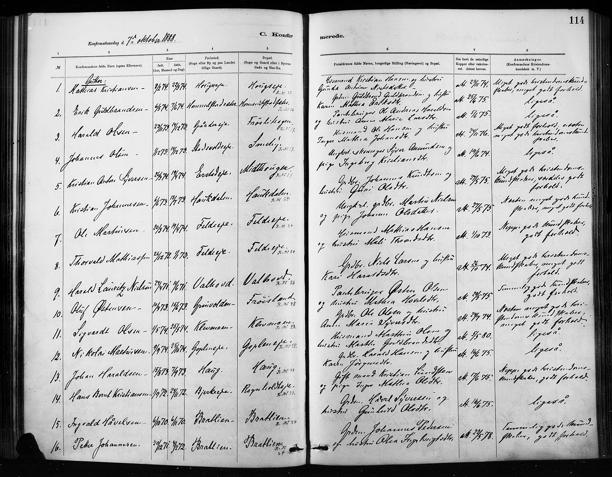 Nordre Land prestekontor, SAH/PREST-124/H/Ha/Haa/L0004: Parish register (official) no. 4, 1882-1896, p. 114