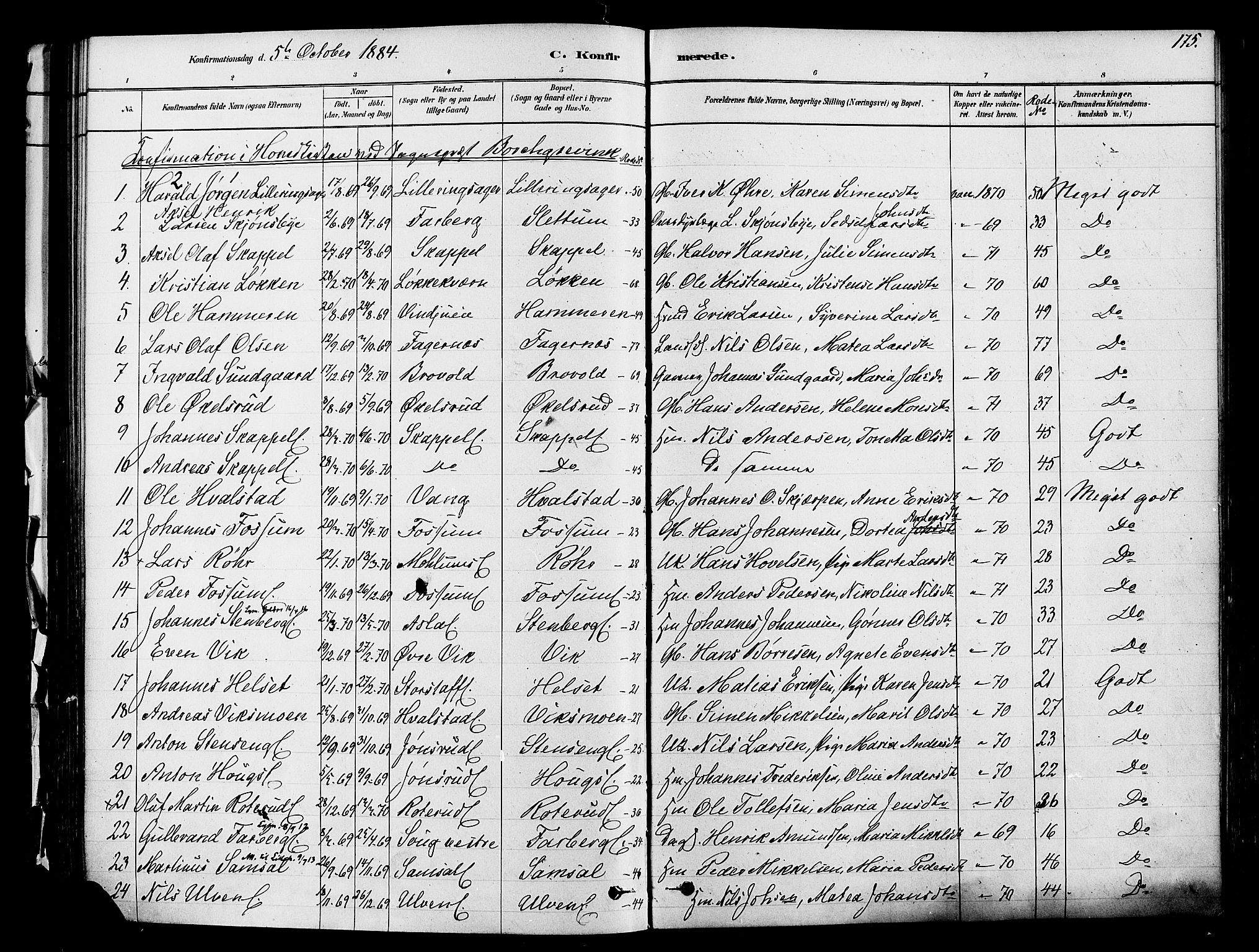 Ringsaker prestekontor, SAH/PREST-014/K/Ka/L0012: Parish register (official) no. 12, 1879-1890, p. 175
