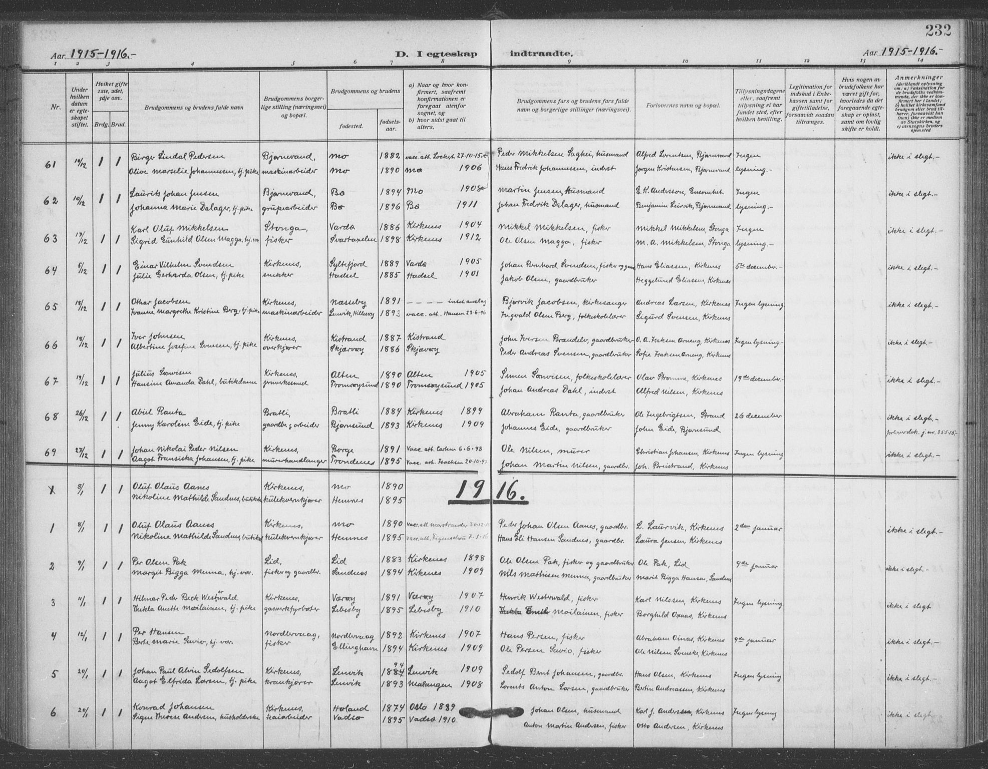 Sør-Varanger sokneprestkontor, SATØ/S-1331/H/Ha/L0005kirke: Parish register (official) no. 5, 1909-1919, p. 232