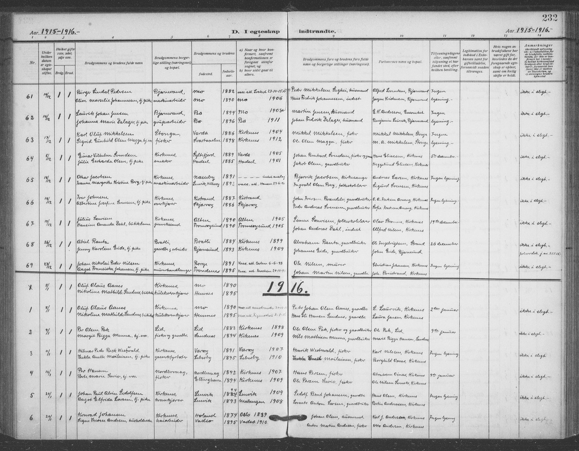 Sør-Varanger sokneprestkontor, AV/SATØ-S-1331/H/Ha/L0005kirke: Parish register (official) no. 5, 1909-1919, p. 232