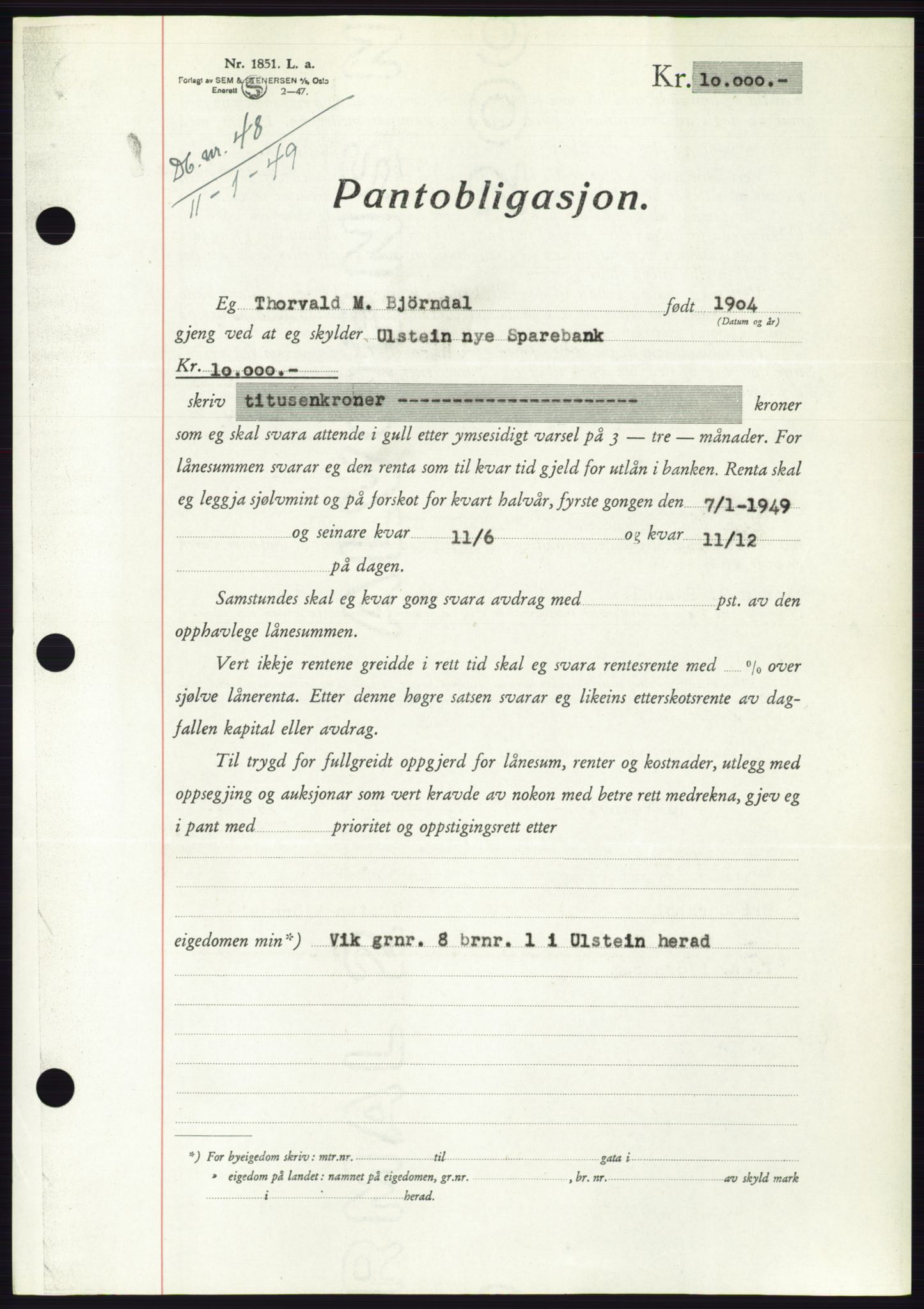 Søre Sunnmøre sorenskriveri, AV/SAT-A-4122/1/2/2C/L0116: Mortgage book no. 4B, 1948-1949, Diary no: : 48/1949