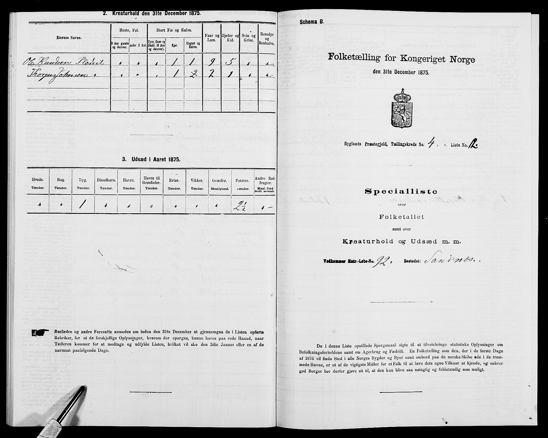 SAK, 1875 census for 0938P Bygland, 1875, p. 394