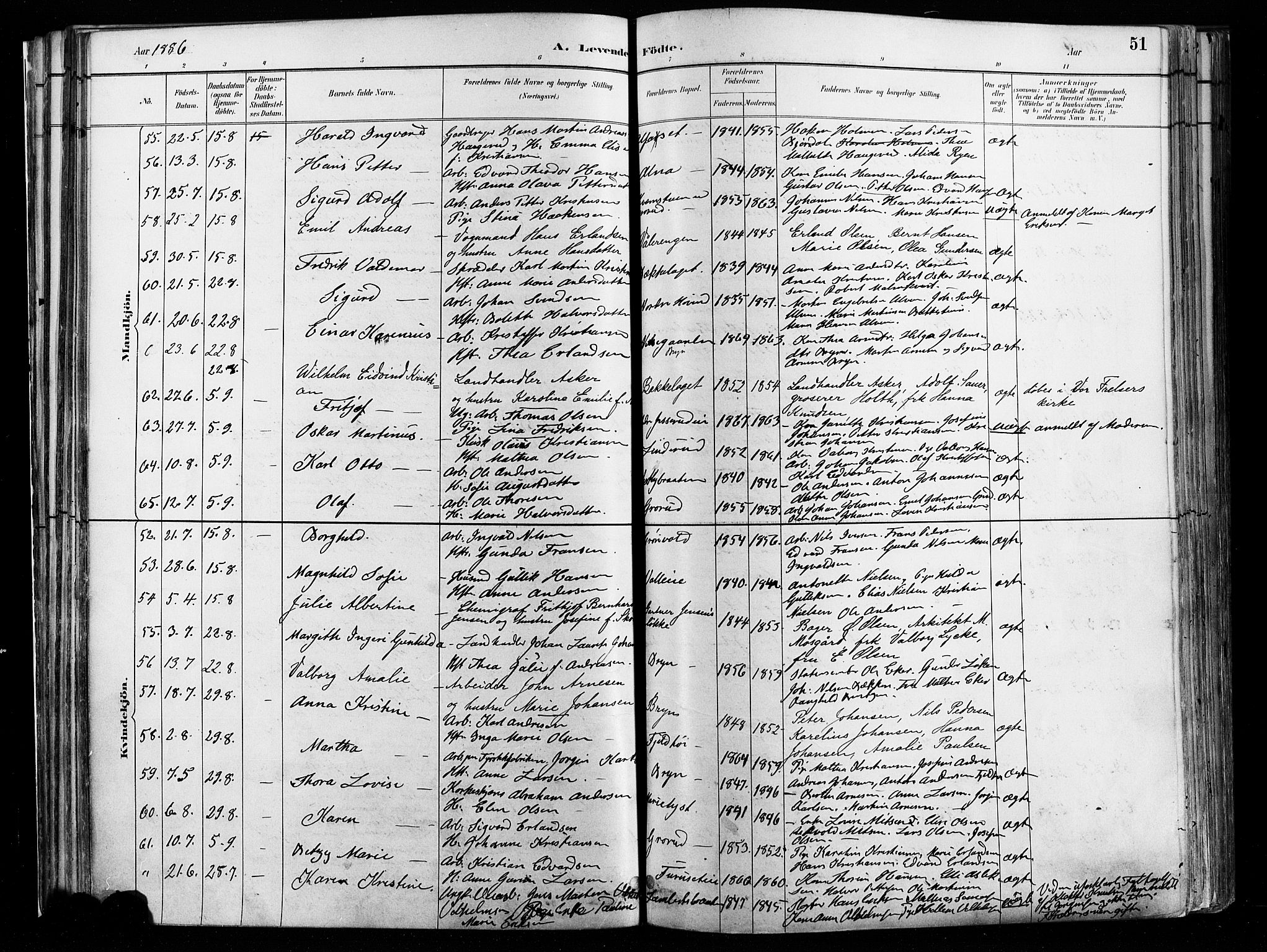 Østre Aker prestekontor Kirkebøker, AV/SAO-A-10840/F/Fa/L0008: Parish register (official) no. I 8, 1883-1894, p. 51