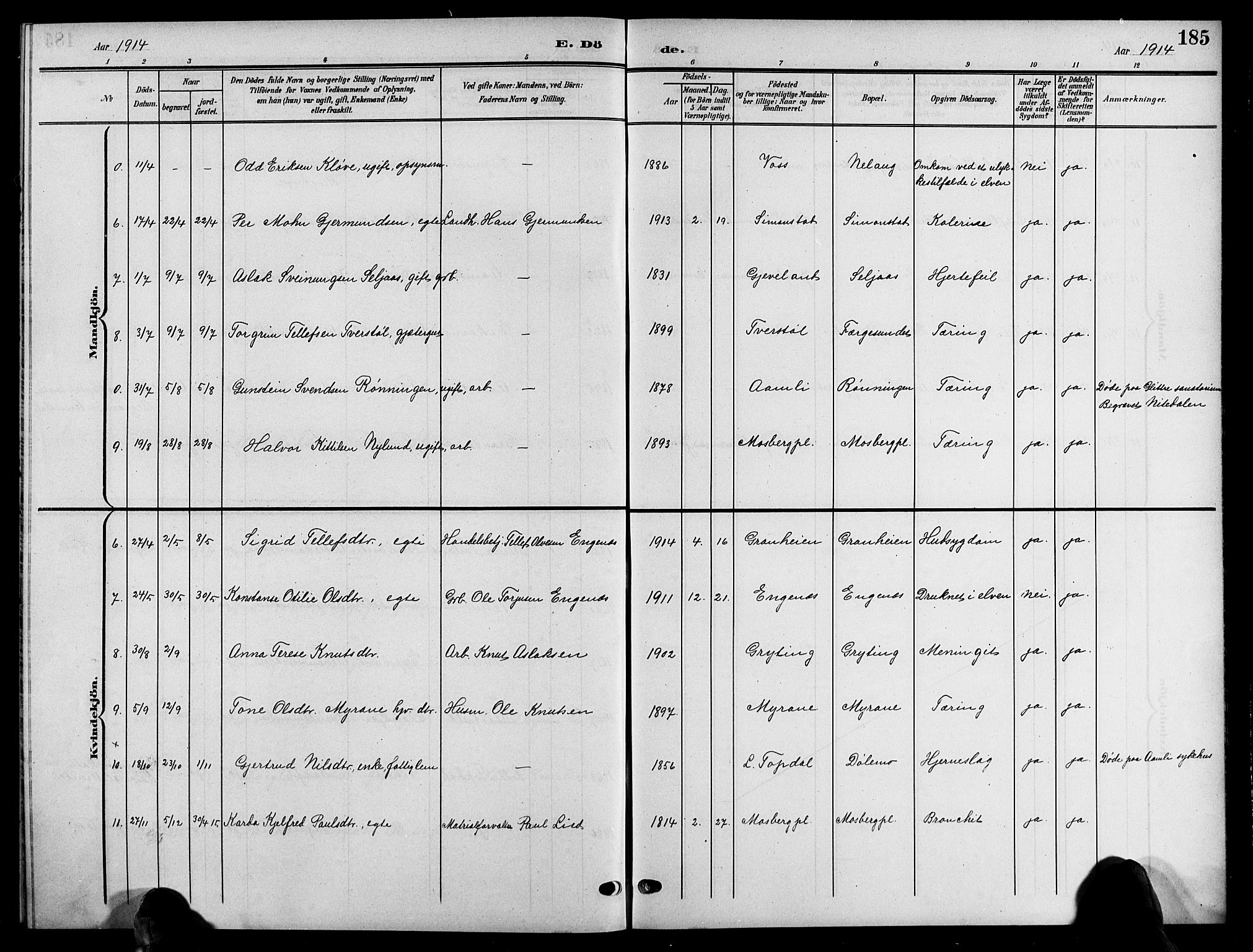 Åmli sokneprestkontor, SAK/1111-0050/F/Fb/Fbc/L0005: Parish register (copy) no. B 5, 1903-1916, p. 185