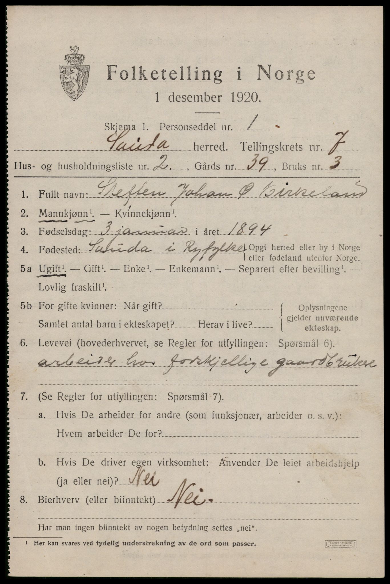 SAST, 1920 census for Sauda, 1920, p. 4104